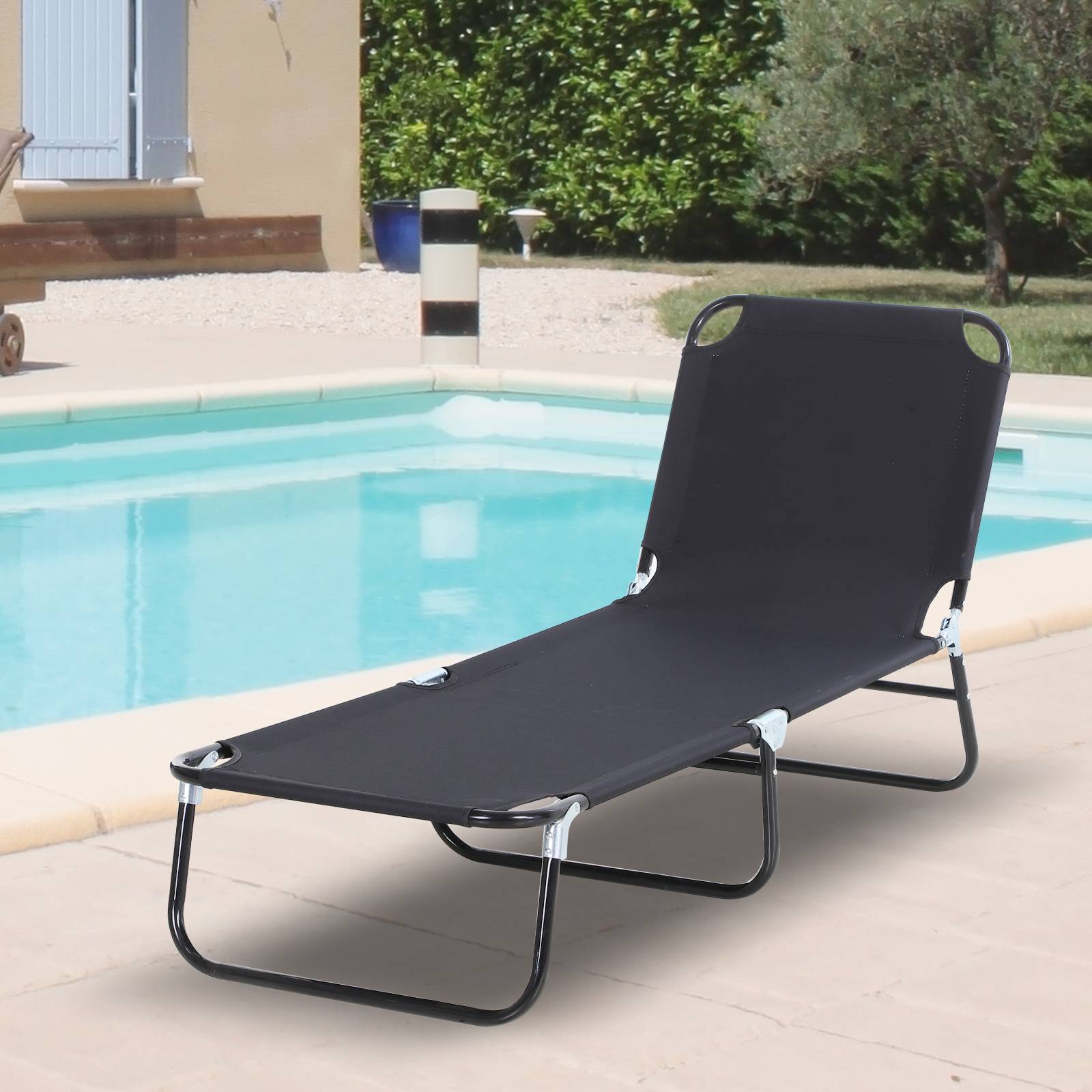 Transat pliable noir 5 positions 188x56x28 cm charge 120 kg, chaise longue jardin piscine et réglable - Image 4