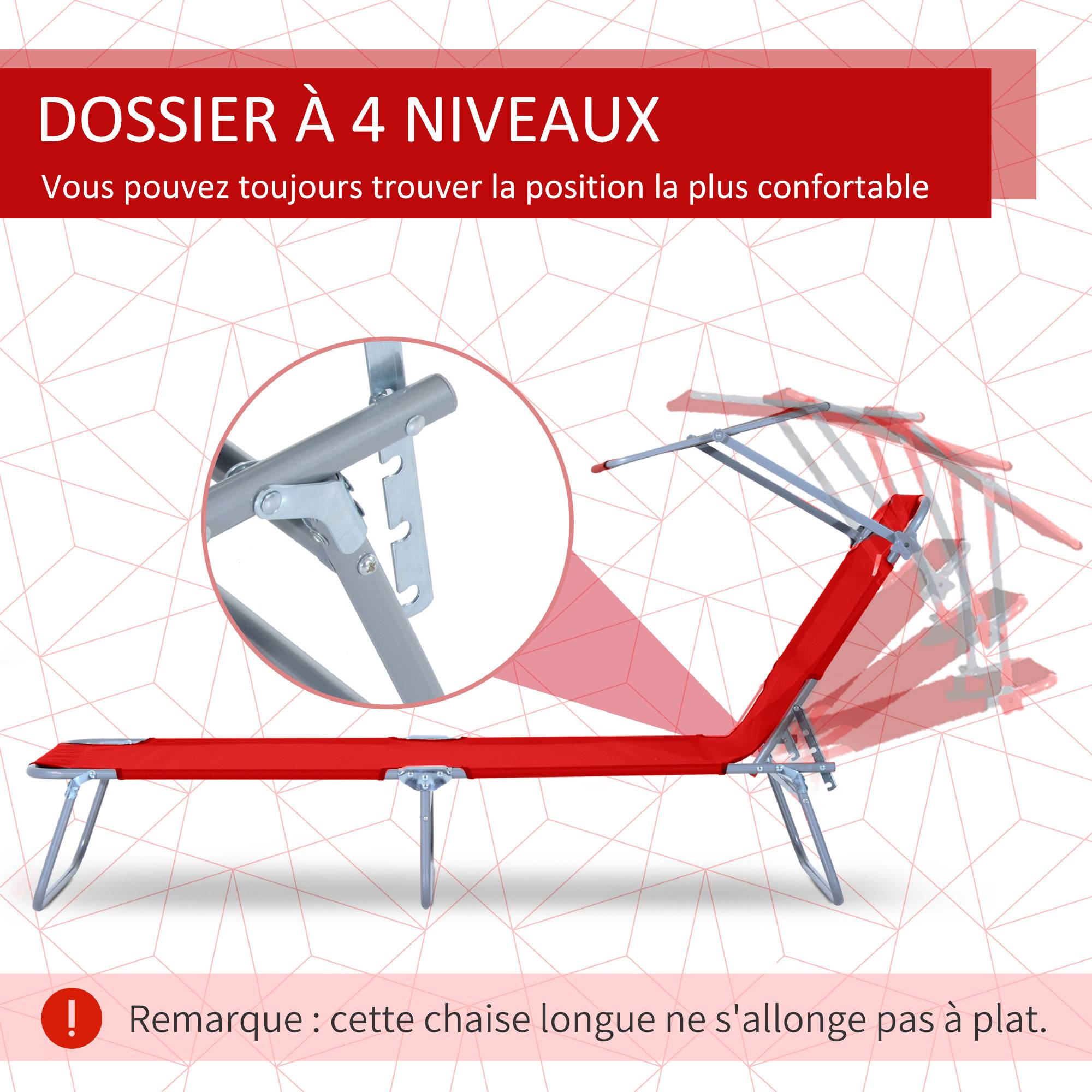Outsunny - Chaise Longue Pliante 187x58x36 cm Dossier Inclinable Multi-positions Pare-Soleil Réglable Structure Acier Tissu Rouge - Outsunny - Image 4