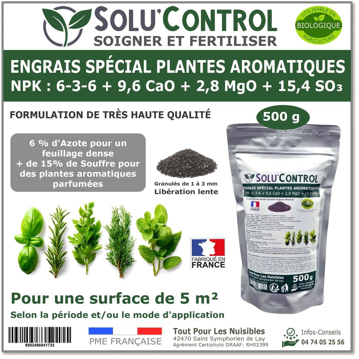 SOLU’CONTROL - 500 g - Engrais Spécial Plantes Aromatiques NPK 6-3-6 - Favorise un feuillage dense, intensément parfumé et vigoureux - UAB - Image 1