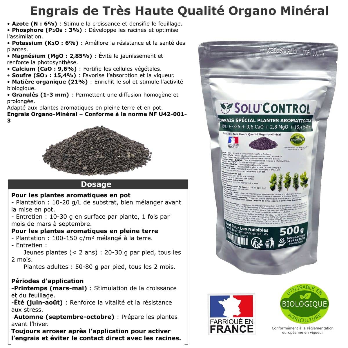 SOLU’CONTROL - 500 g - Engrais Spécial Plantes Aromatiques NPK 6-3-6 - Favorise un feuillage dense, intensément parfumé et vigoureux - UAB - Image 2
