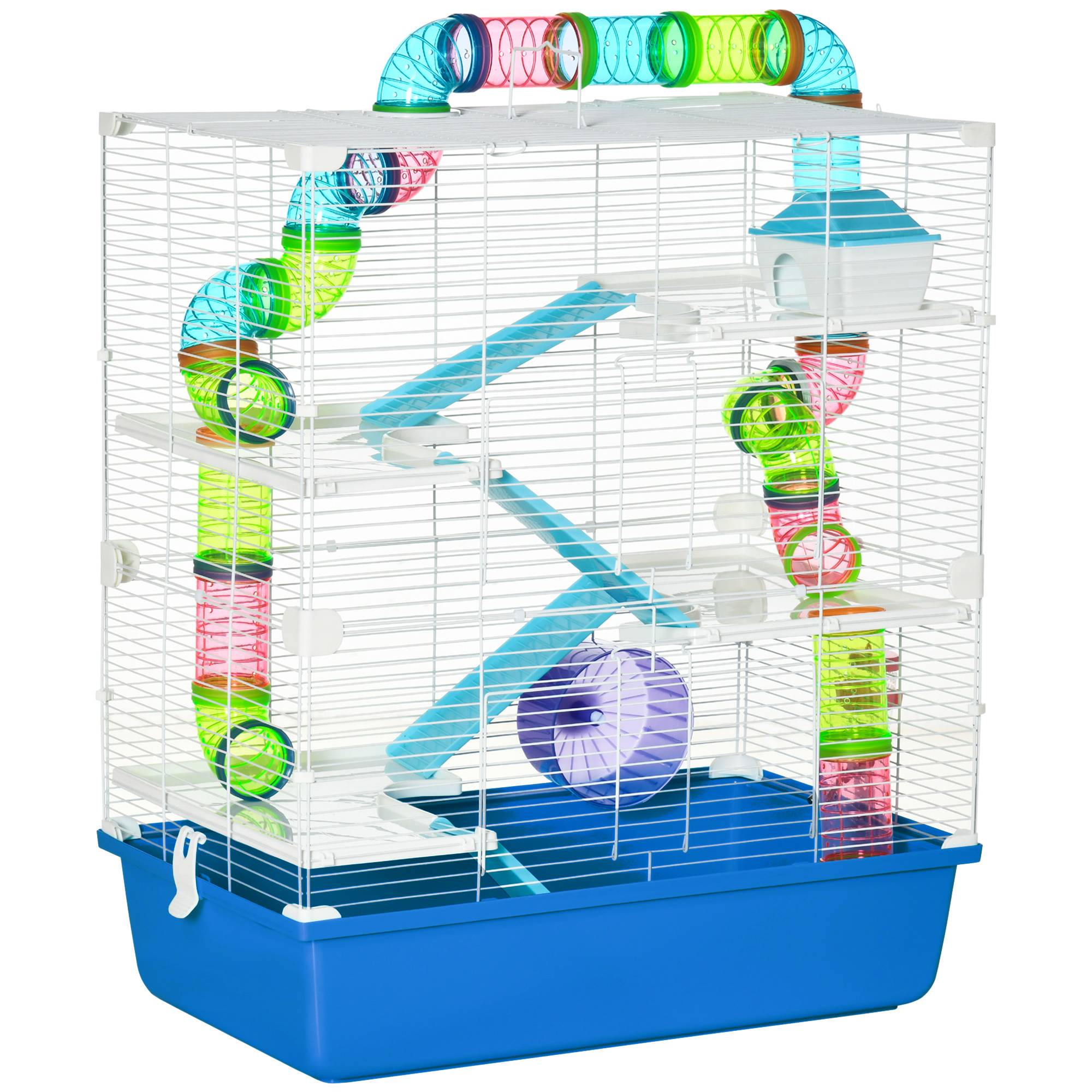 Cage hamster 5 niveaux en acier pour petits rongeurs avec tubes et accessoires 59x36x69cm bleu - ComfortXL Outdoor Living - Image 1