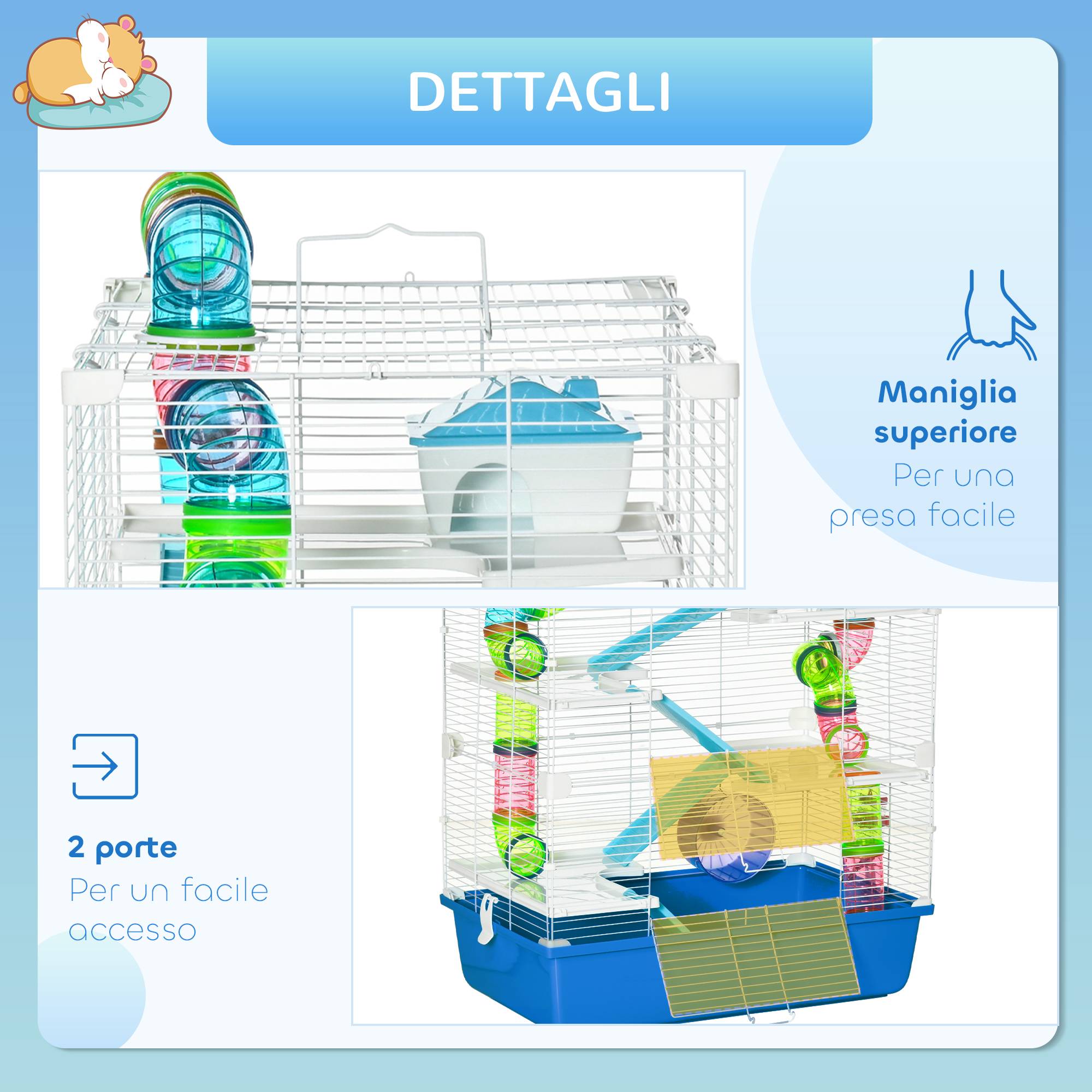 Cage hamster 5 niveaux en acier pour petits rongeurs avec tubes et accessoires 59x36x69cm bleu - ComfortXL Outdoor Living - Image 9