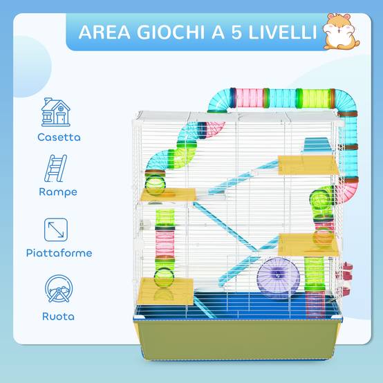 Cage hamster 5 niveaux en acier pour petits rongeurs avec tubes et accessoires 59x36x69cm bleu - ComfortXL Outdoor Living - Image 8