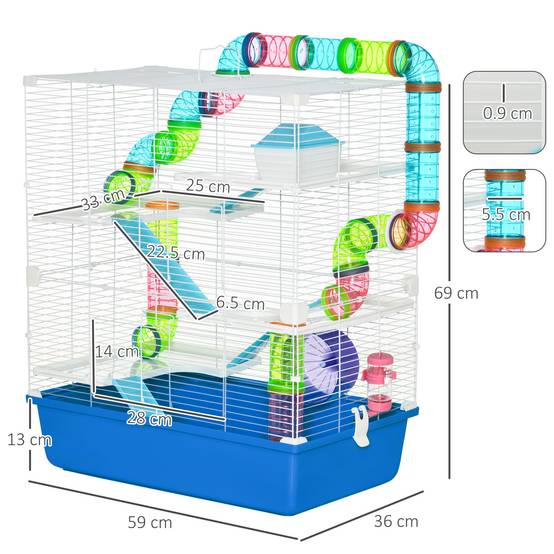 Cage hamster 5 niveaux en acier pour petits rongeurs avec tubes et accessoires 59x36x69cm bleu - ComfortXL Outdoor Living - Image 5