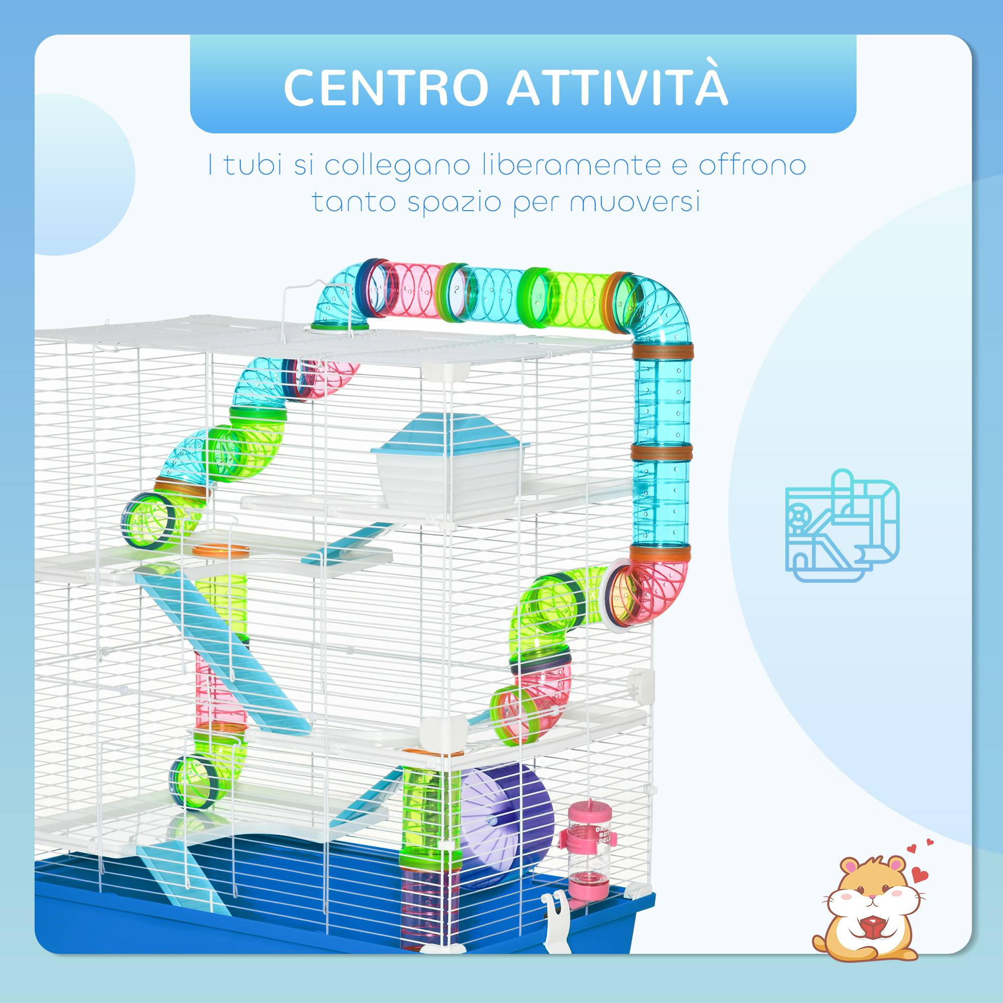 Cage hamster 5 niveaux en acier pour petits rongeurs avec tubes et accessoires 59x36x69cm bleu - ComfortXL Outdoor Living - Image 6