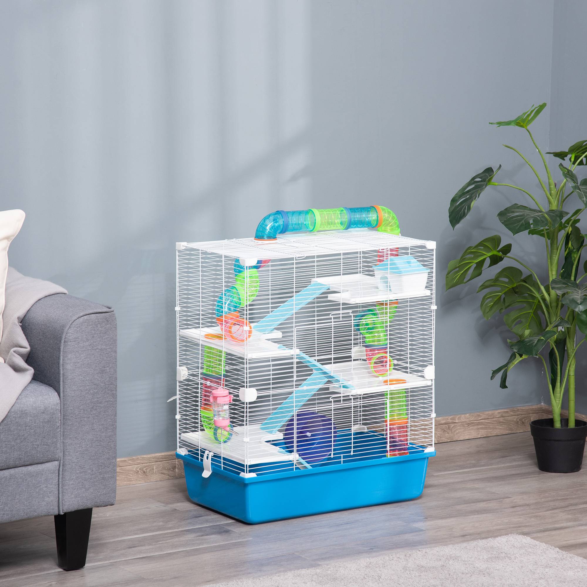 Cage hamster 5 niveaux en acier pour petits rongeurs avec tubes et accessoires 59x36x69cm bleu - ComfortXL Outdoor Living - Image 4