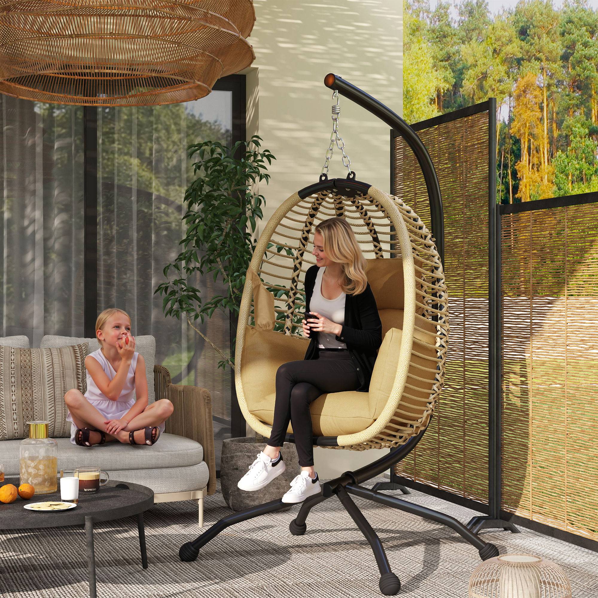 Fauteuil œuf suspendu pliant acier intérieur extérieur grand confort coussin beige - ComfortXL Outdoor Living - Image 3