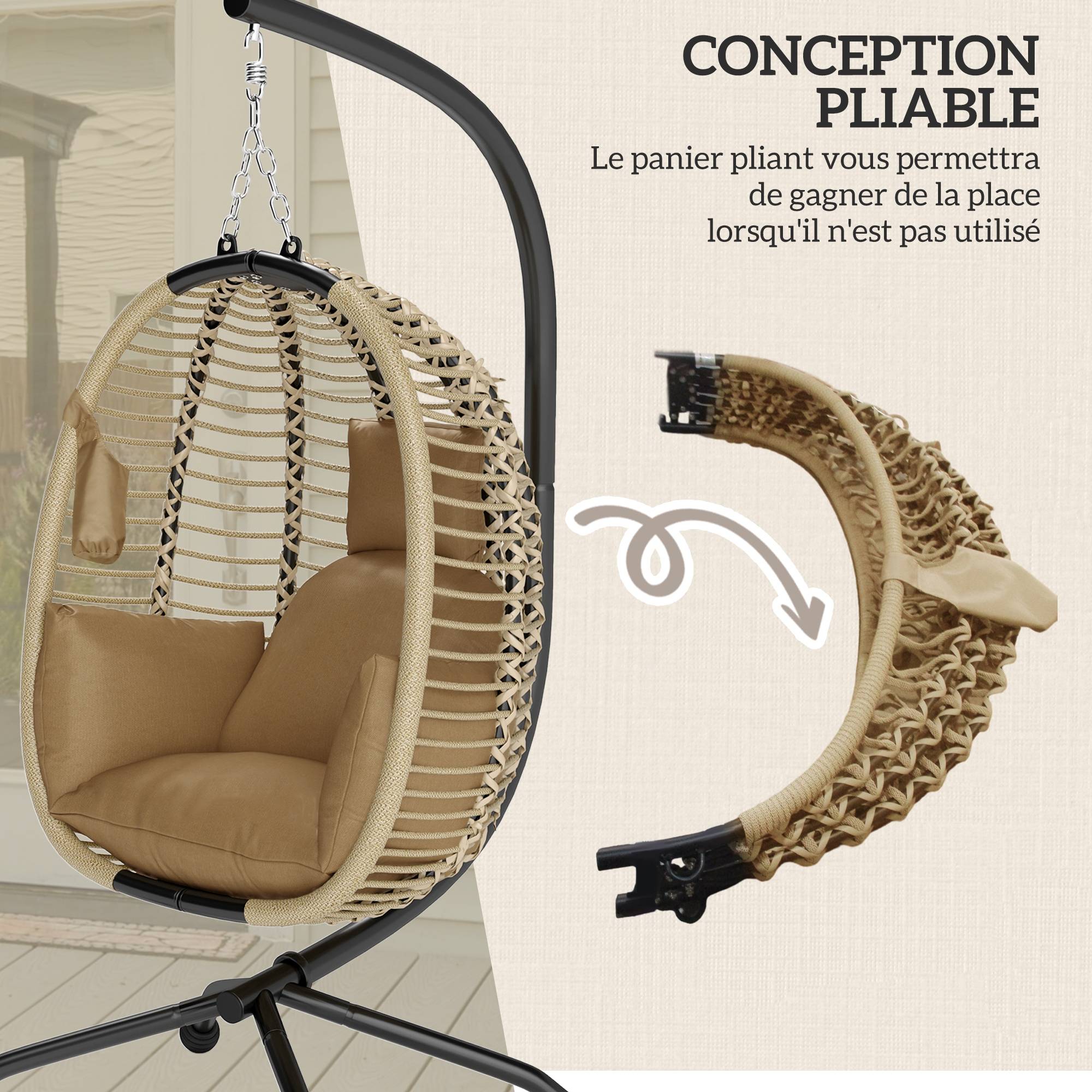 Fauteuil œuf suspendu pliant acier intérieur extérieur grand confort coussin beige - ComfortXL Outdoor Living - Image 7