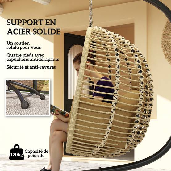 Fauteuil œuf suspendu pliant acier intérieur extérieur grand confort coussin beige - ComfortXL Outdoor Living - Image 6