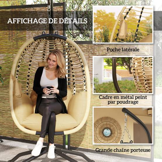 Fauteuil œuf suspendu pliant acier intérieur extérieur grand confort coussin beige - ComfortXL Outdoor Living - Image 9