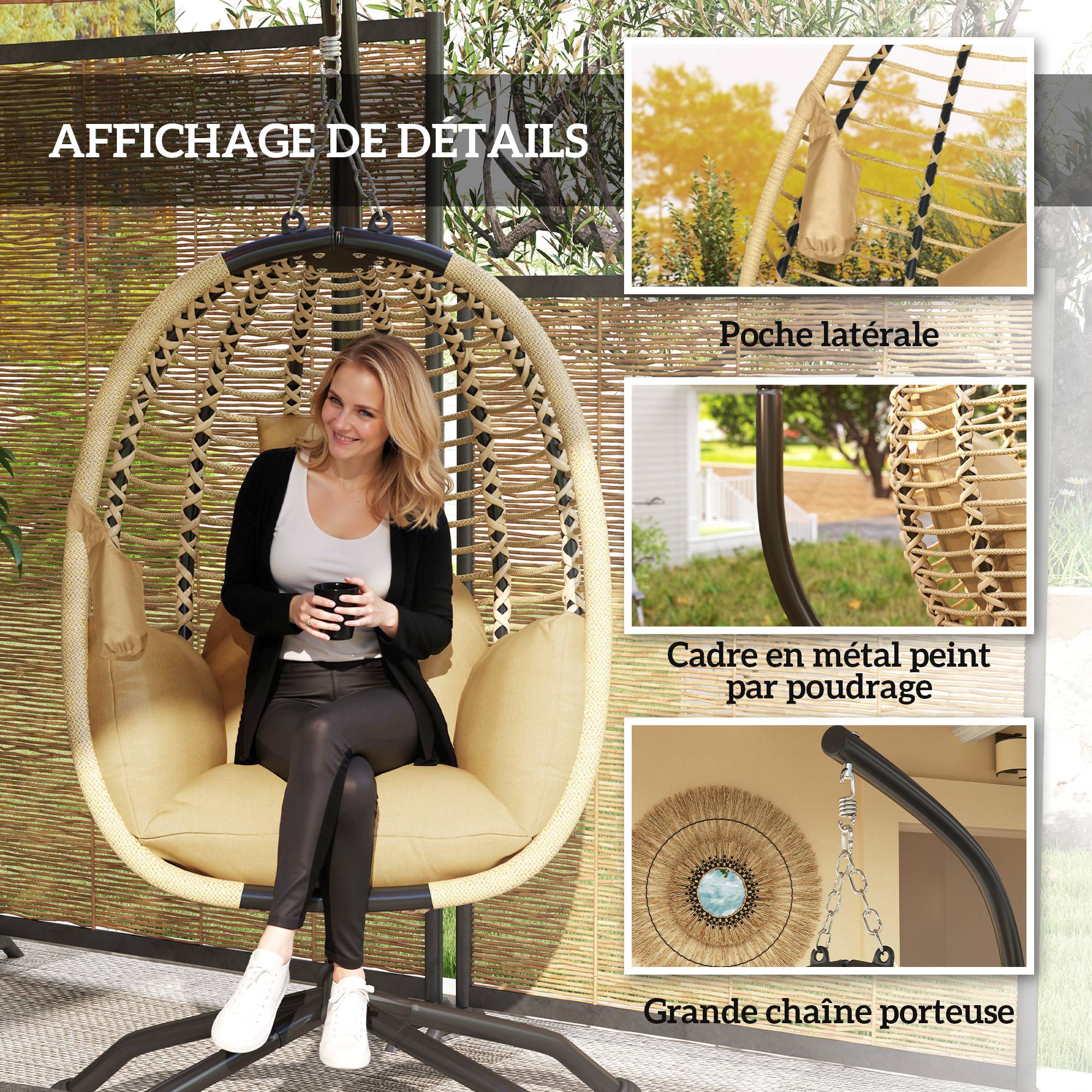 Fauteuil œuf suspendu pliant acier intérieur extérieur grand confort coussin beige - ComfortXL Outdoor Living - Image 9