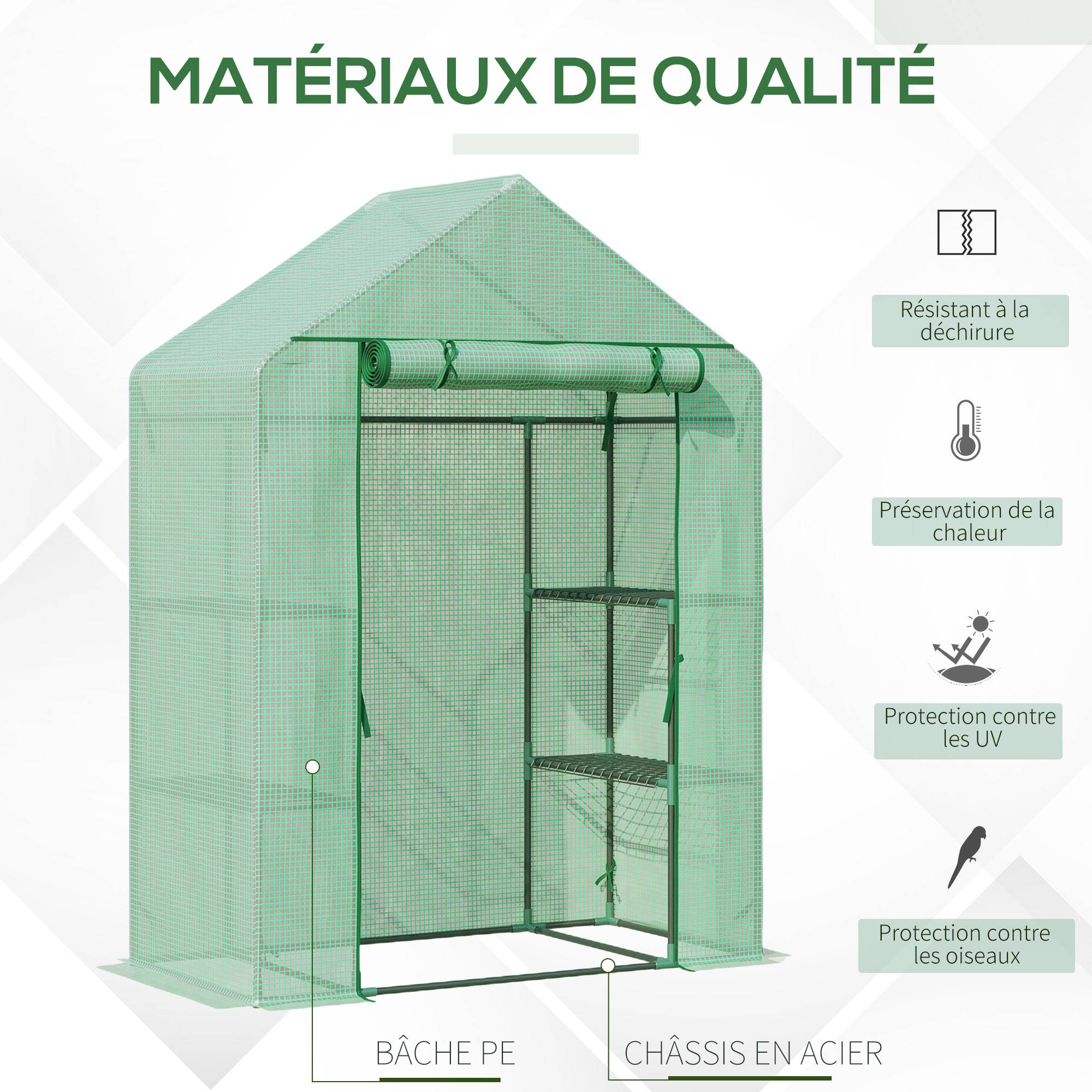 Serre de jardin PE plantes 8 étagères latérales accès porte 141x72x191cm vert - ComfortXL Outdoor Living - Image 6