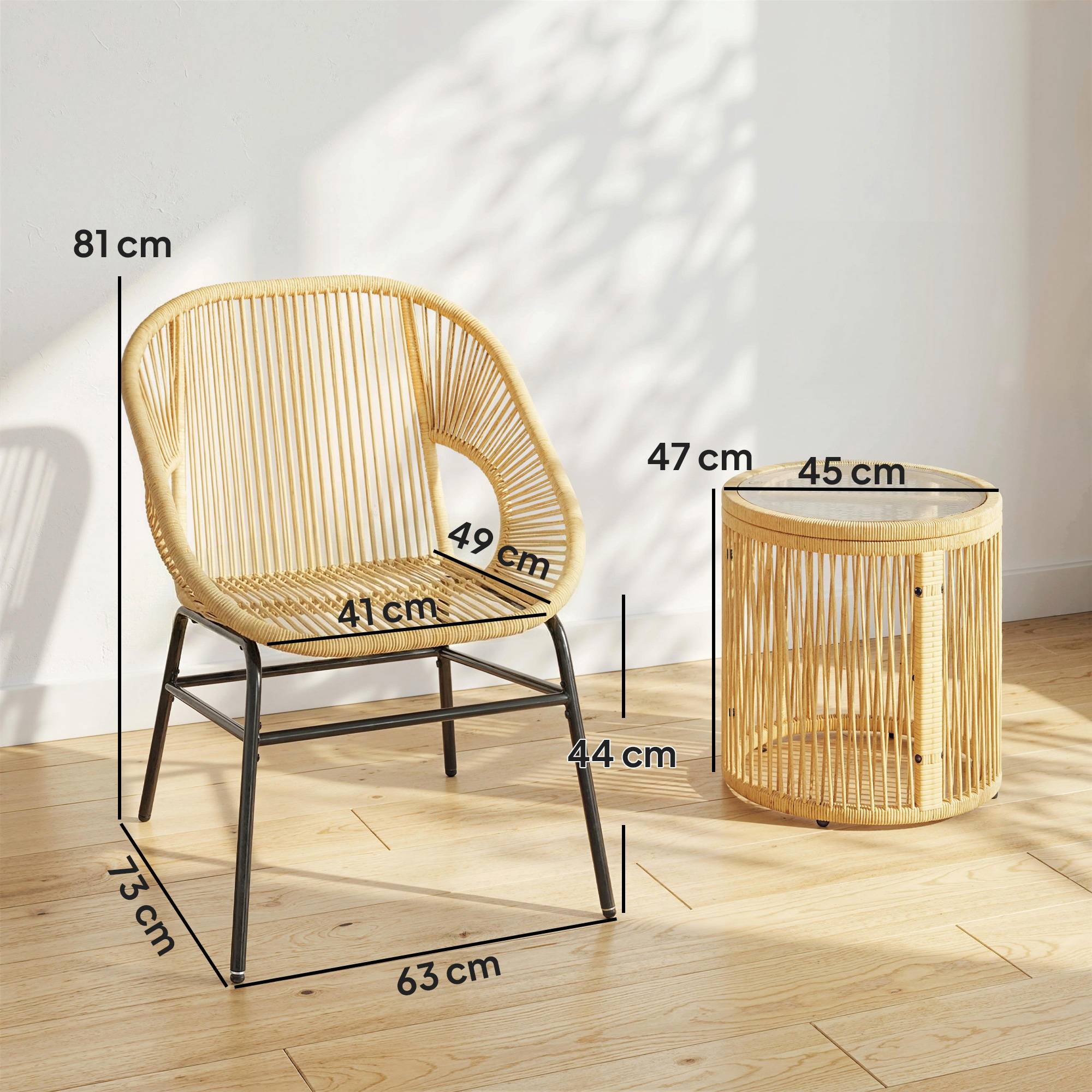 Ensemble bistrot 3 pcs rotin et acier, 2 chaises, table ronde plateau verre trempé, beige - Image 5