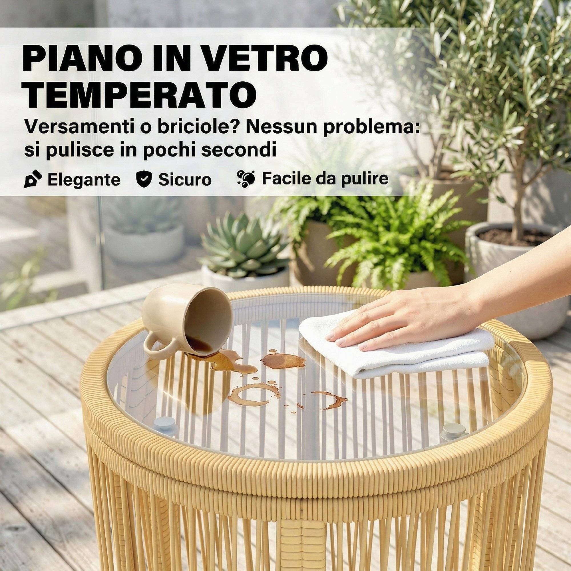 Ensemble bistrot 3 pcs rotin et acier, 2 chaises, table ronde plateau verre trempé, beige - Image 9
