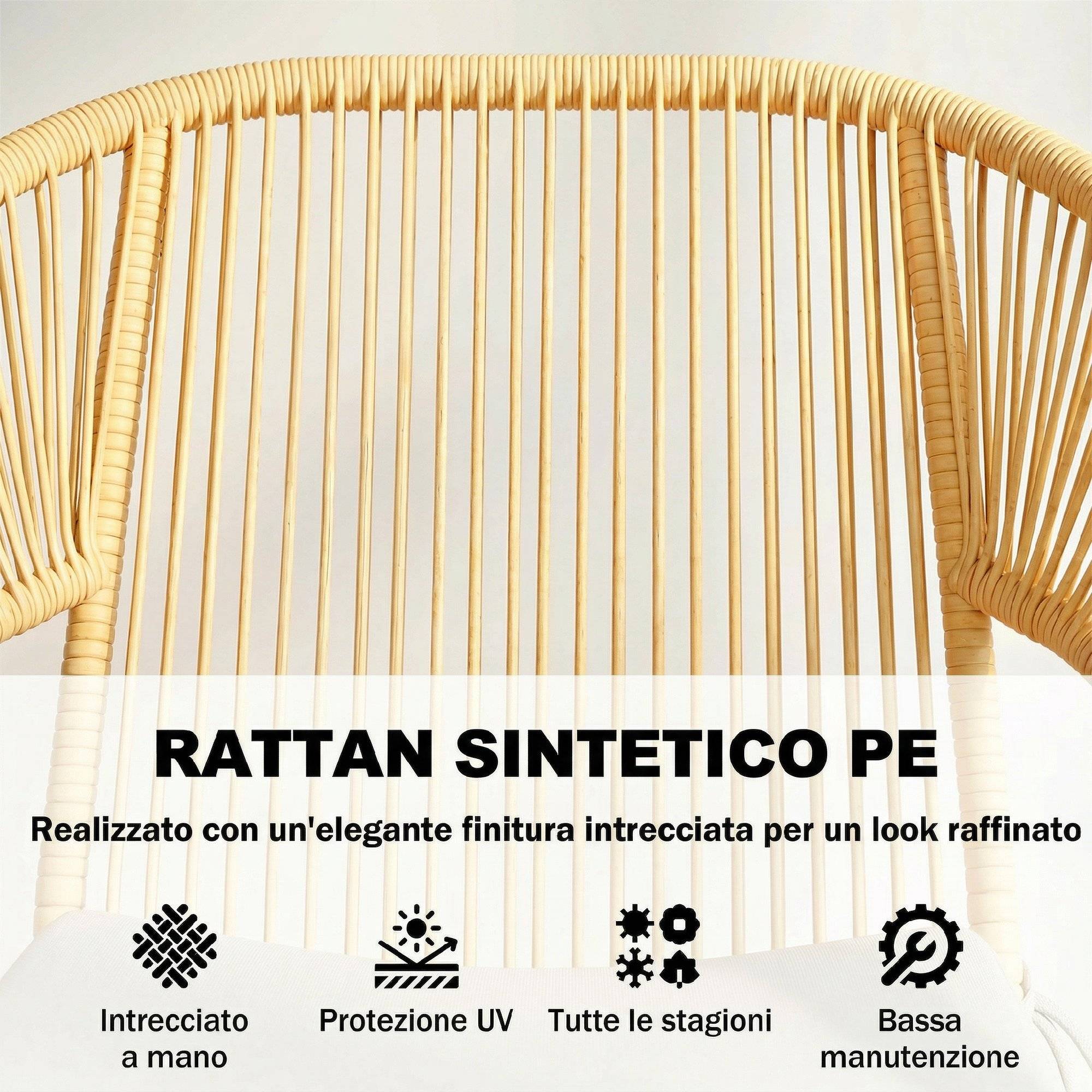 Ensemble bistrot 3 pcs rotin et acier, 2 chaises, table ronde plateau verre trempé, beige - Image 7