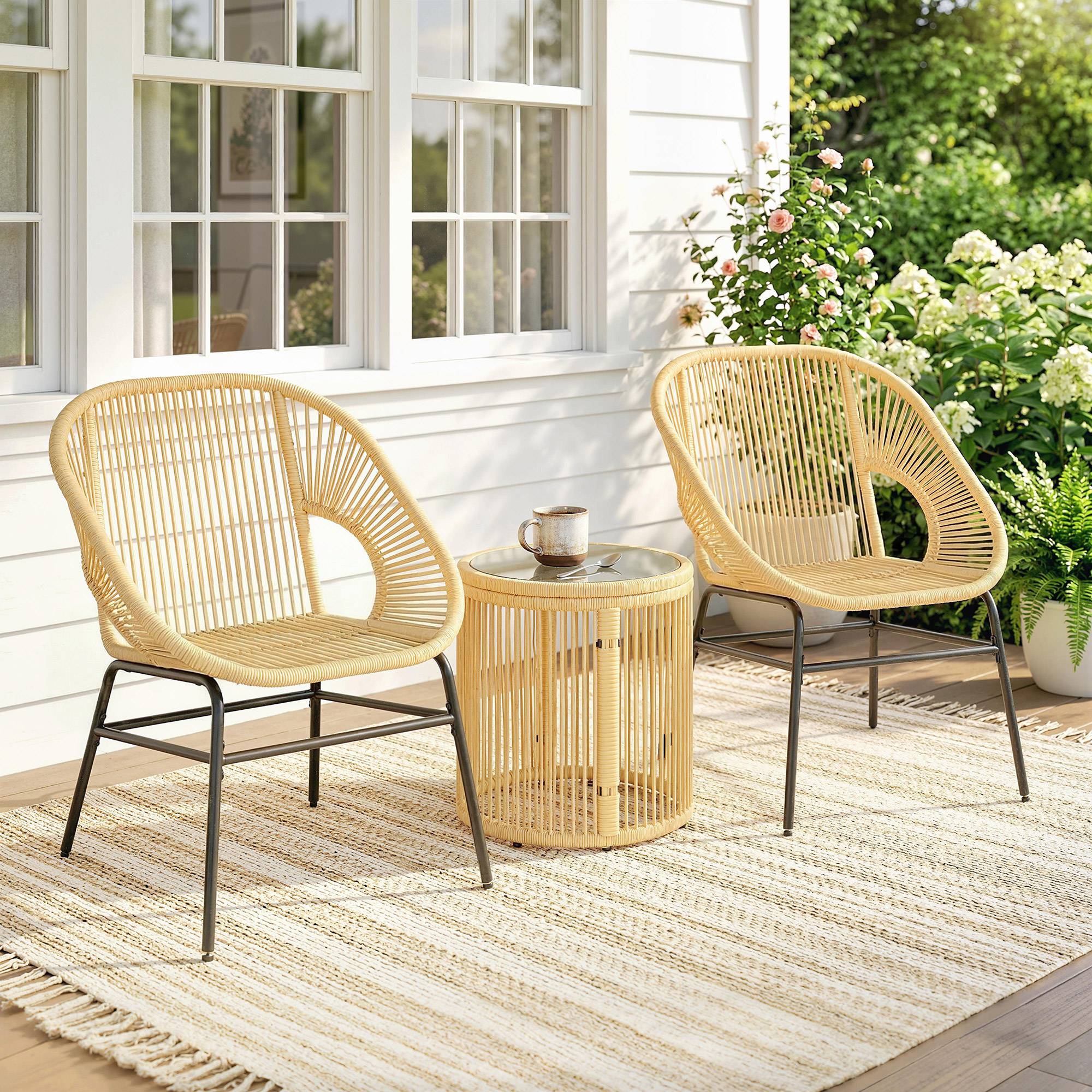 Ensemble bistrot 3 pcs rotin et acier, 2 chaises, table ronde plateau verre trempé, beige - Image 3