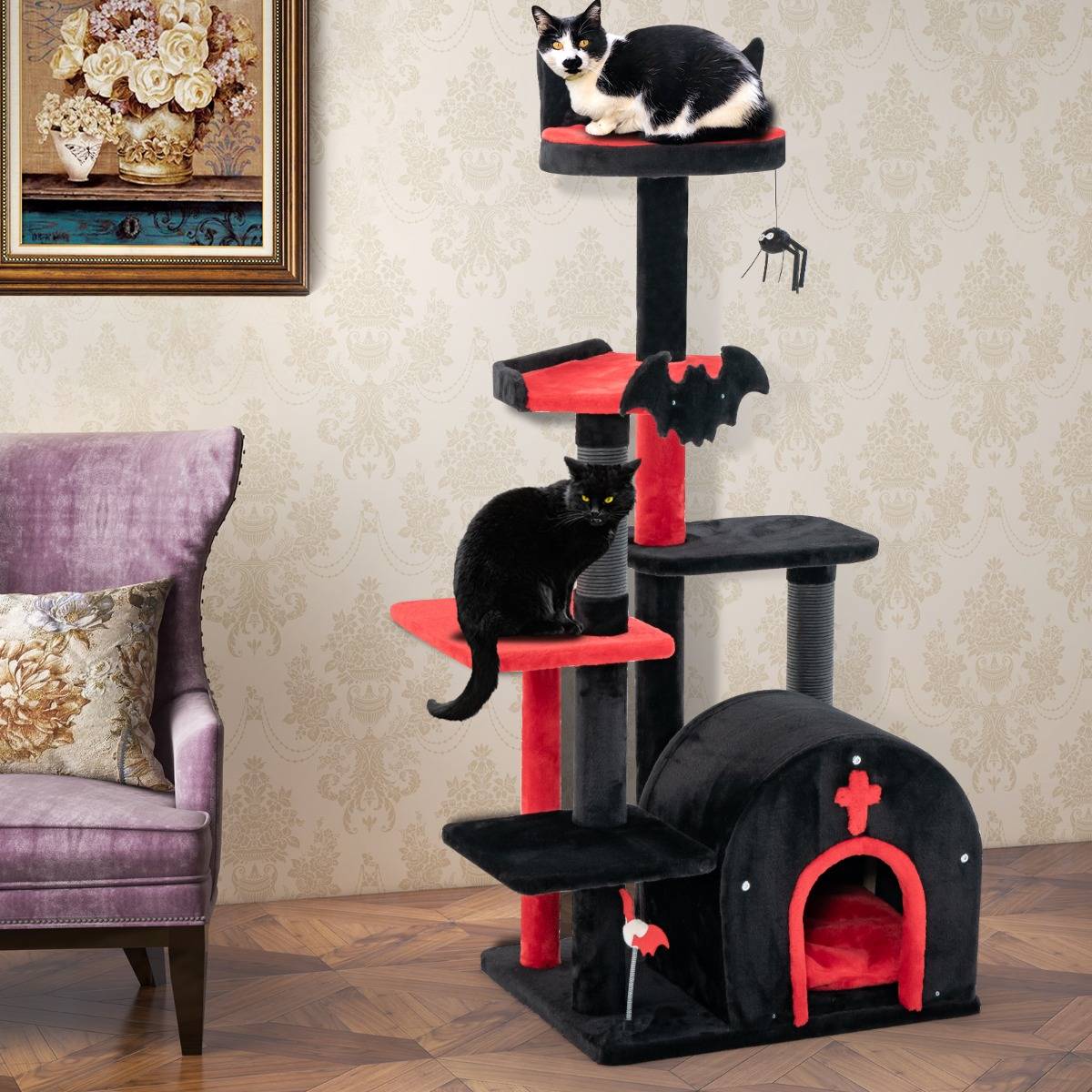 Arbre à Chat Gothique Tour à Chat de 134cm de Haut avec Lit Centre d'Activités à 6 Niveaux - Image 4