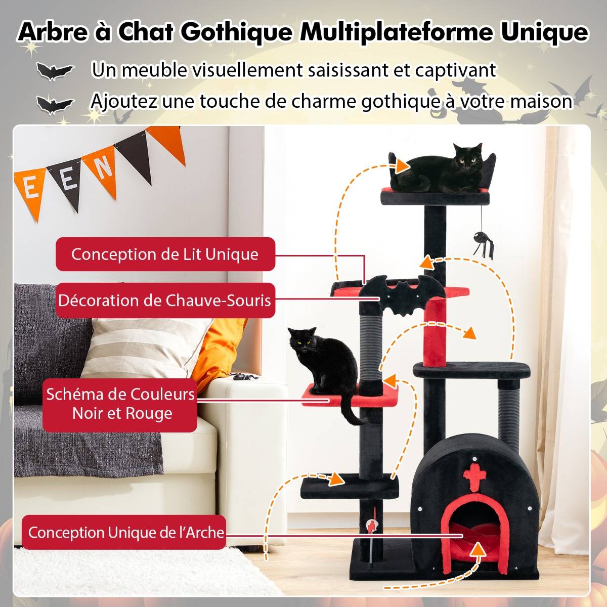 Arbre à Chat Gothique Tour à Chat de 134cm de Haut avec Lit Centre d'Activités à 6 Niveaux - Image 6