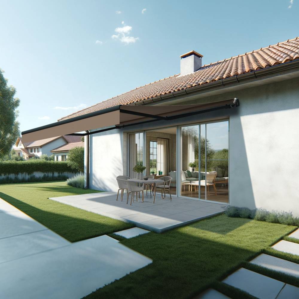 Store banne monobloc ESPAI 5,00x3,00m (Motorisé à télécommande + manœuvre de secours - Taupe - Gris anthracite) - Alia Productions - Imagen 1