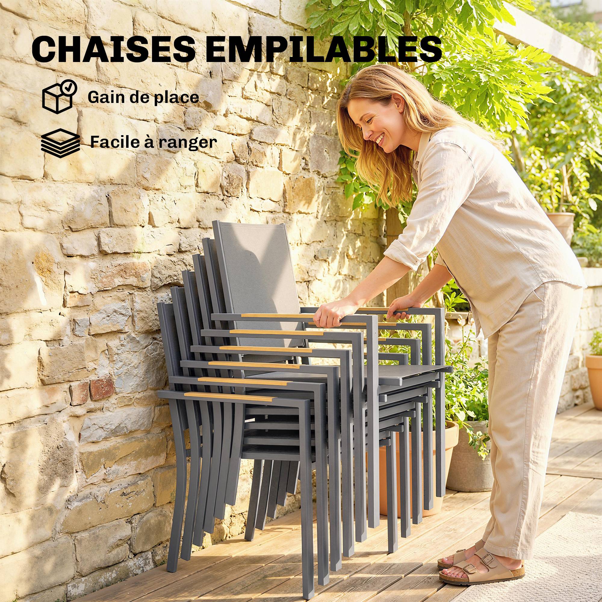 Salon de Jardin Ensemble Mobilier de Jardin 7 Pièces Table Effet Bois 6 Chaises Empilables en Textilène 140x80x72cm Gris - Image 7