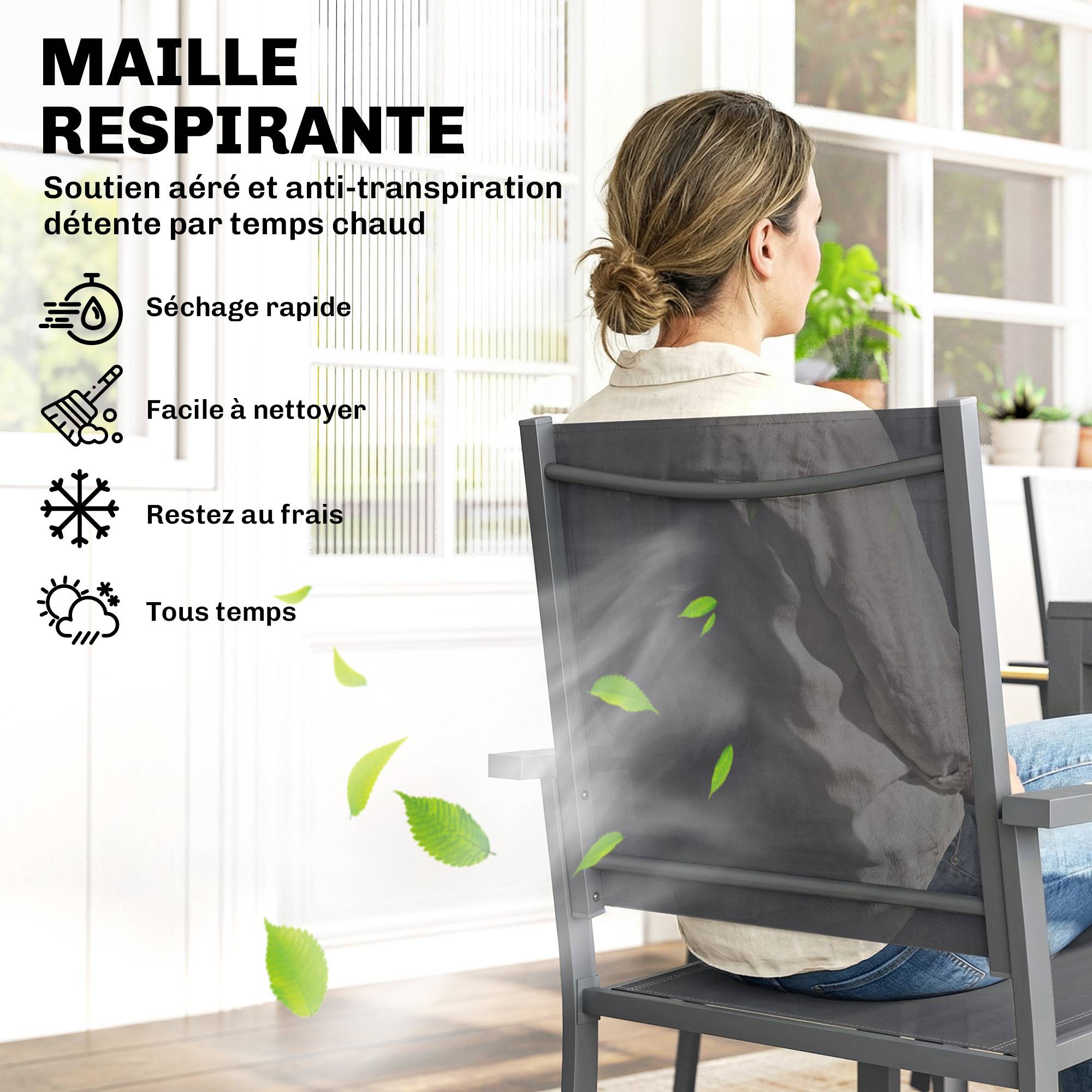 Salon de Jardin Ensemble Mobilier de Jardin 7 Pièces Table Effet Bois 6 Chaises Empilables en Textilène 140x80x72cm Gris - Image 9