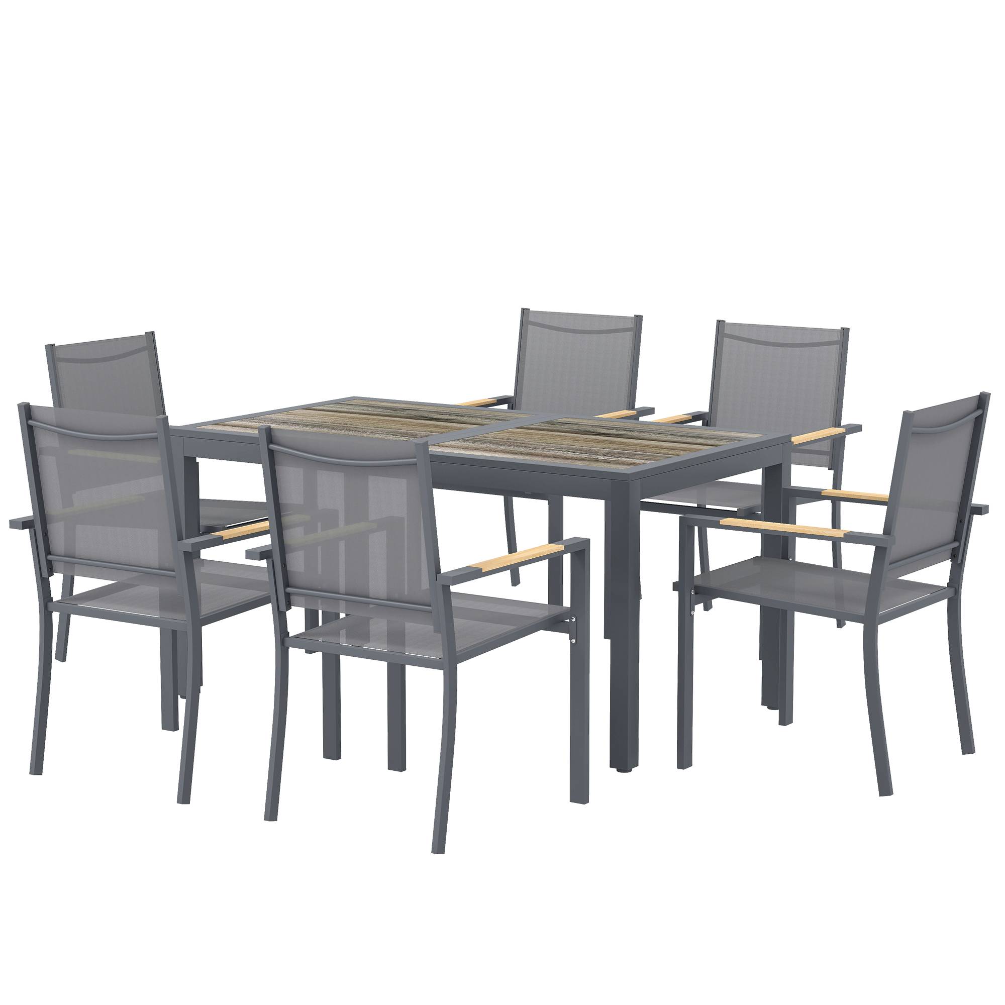 Salon de Jardin Ensemble Mobilier de Jardin 7 Pièces Table Effet Bois 6 Chaises Empilables en Textilène 140x80x72cm Gris - Image 2