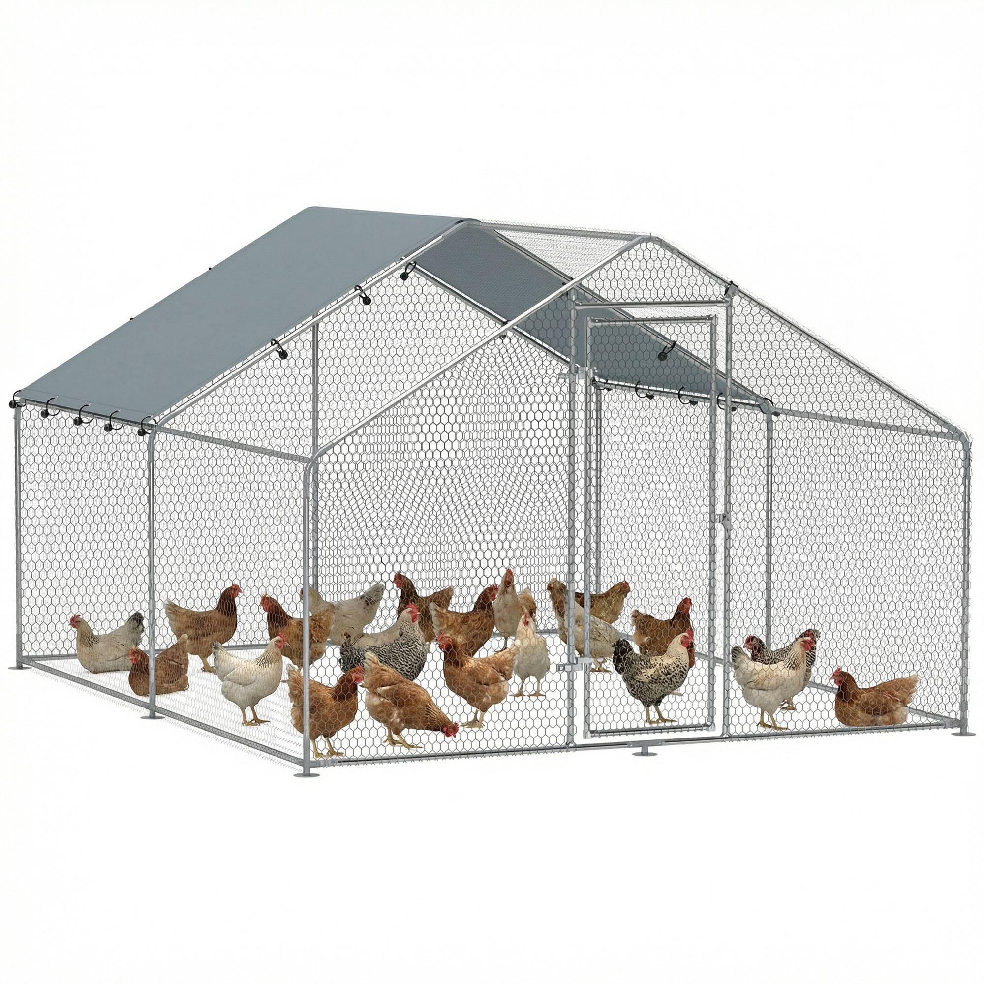Poulailler en acier, avec toile imperméable résistante aux UV, verrou de sécurité, pour 10 à 15 poules, 3 x 3,4 x 1,9 m, argent. - Image 1