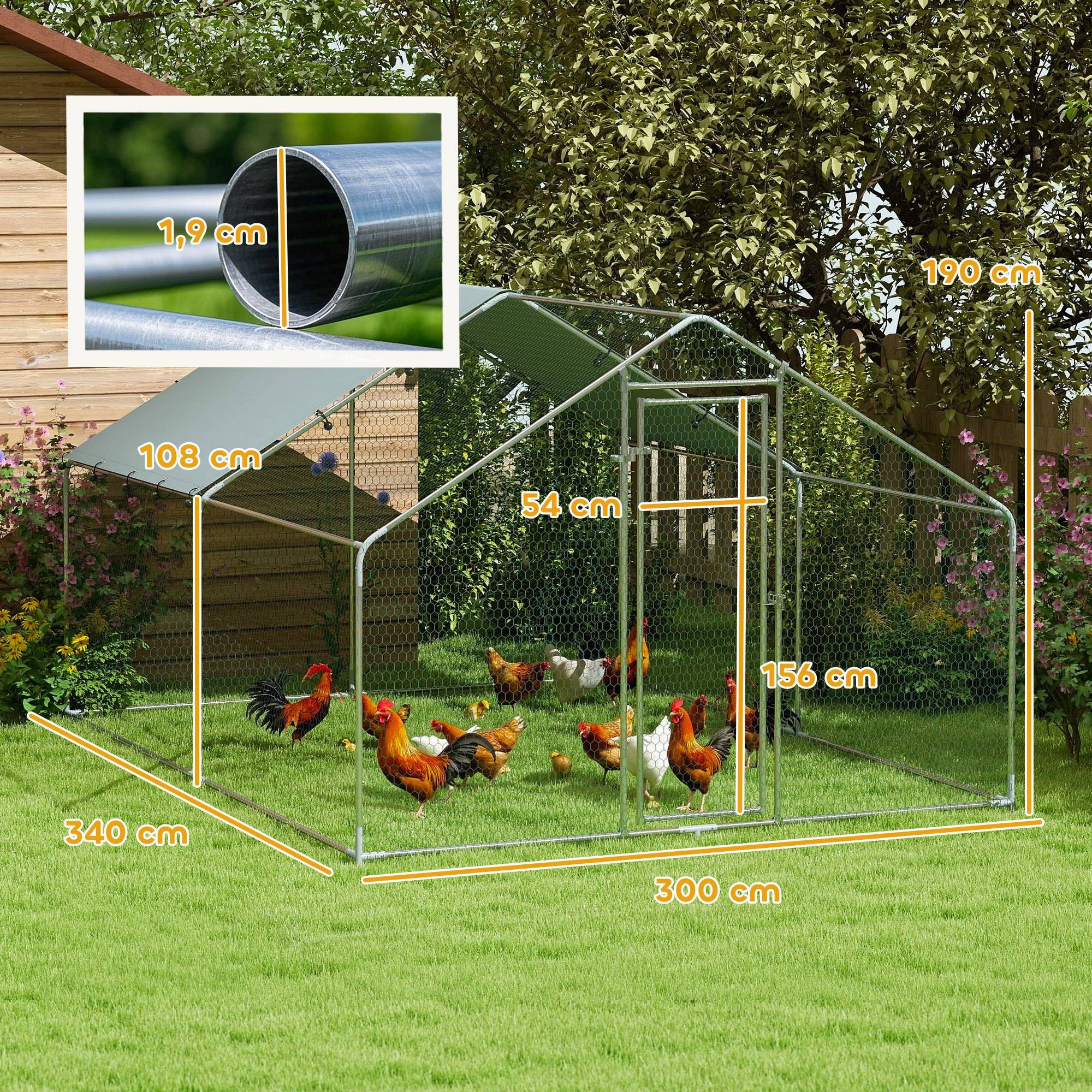 Poulailler en acier, avec toile imperméable résistante aux UV, verrou de sécurité, pour 10 à 15 poules, 3 x 3,4 x 1,9 m, argent. - Image 5
