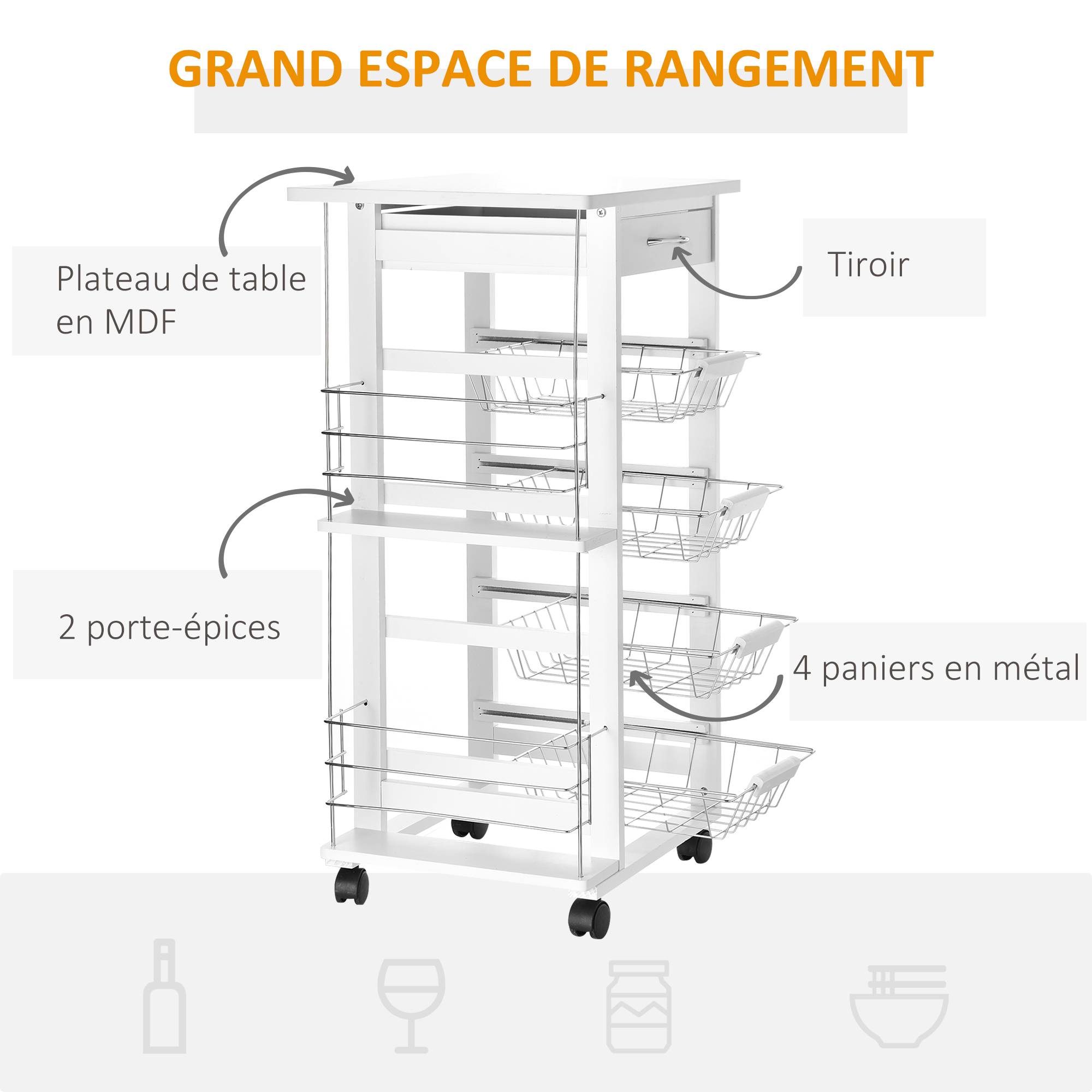 Desserte cuisine à roulettes avec tiroir, 4 paniers et étagères latérales, 47 x 37 x 83 cm, blanc - Image 6