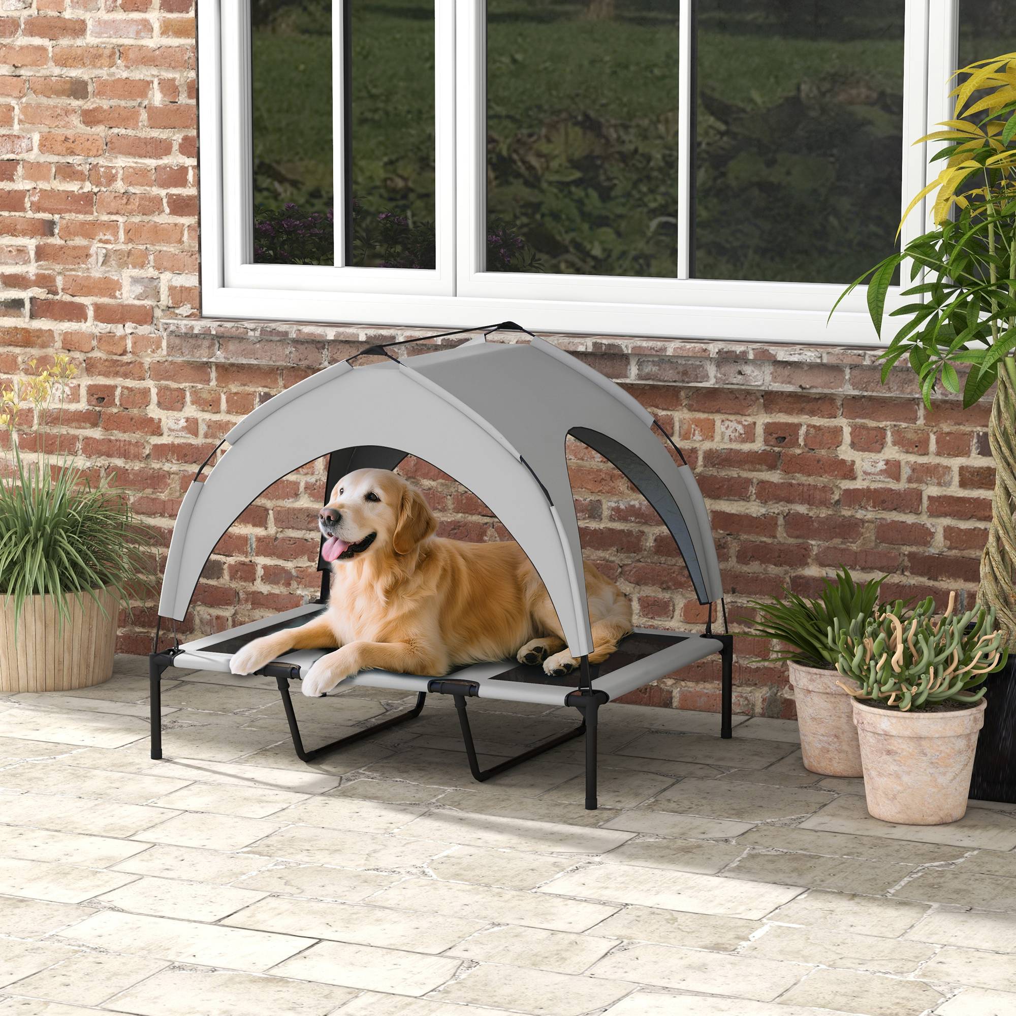 Lit surélevé pour chien grand confort extérieur avec auvent anti-UV gris clair - ComfortXL Outdoor Living - Image 3