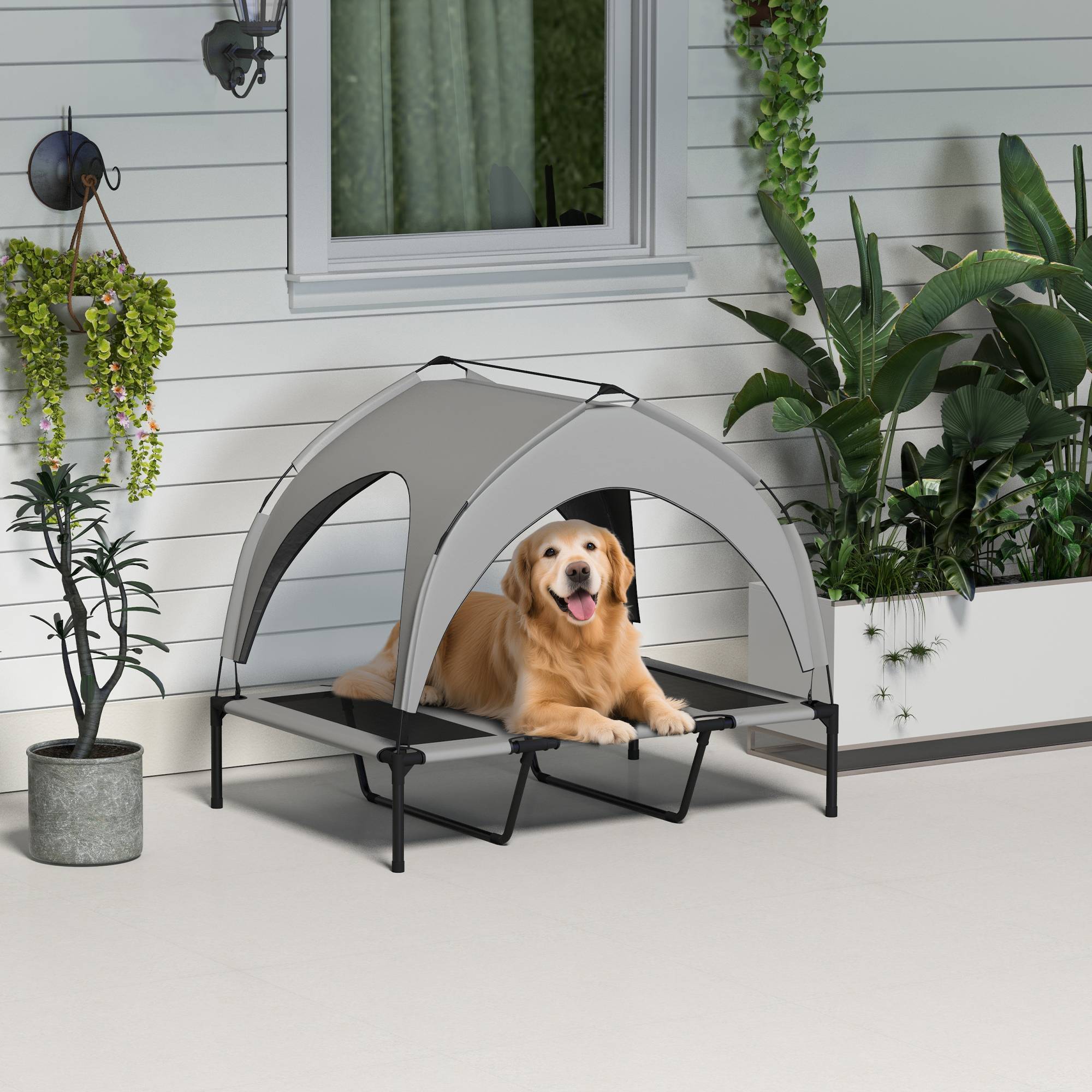 Lit surélevé pour chien grand confort extérieur avec auvent anti-UV gris clair - ComfortXL Outdoor Living - Image 4