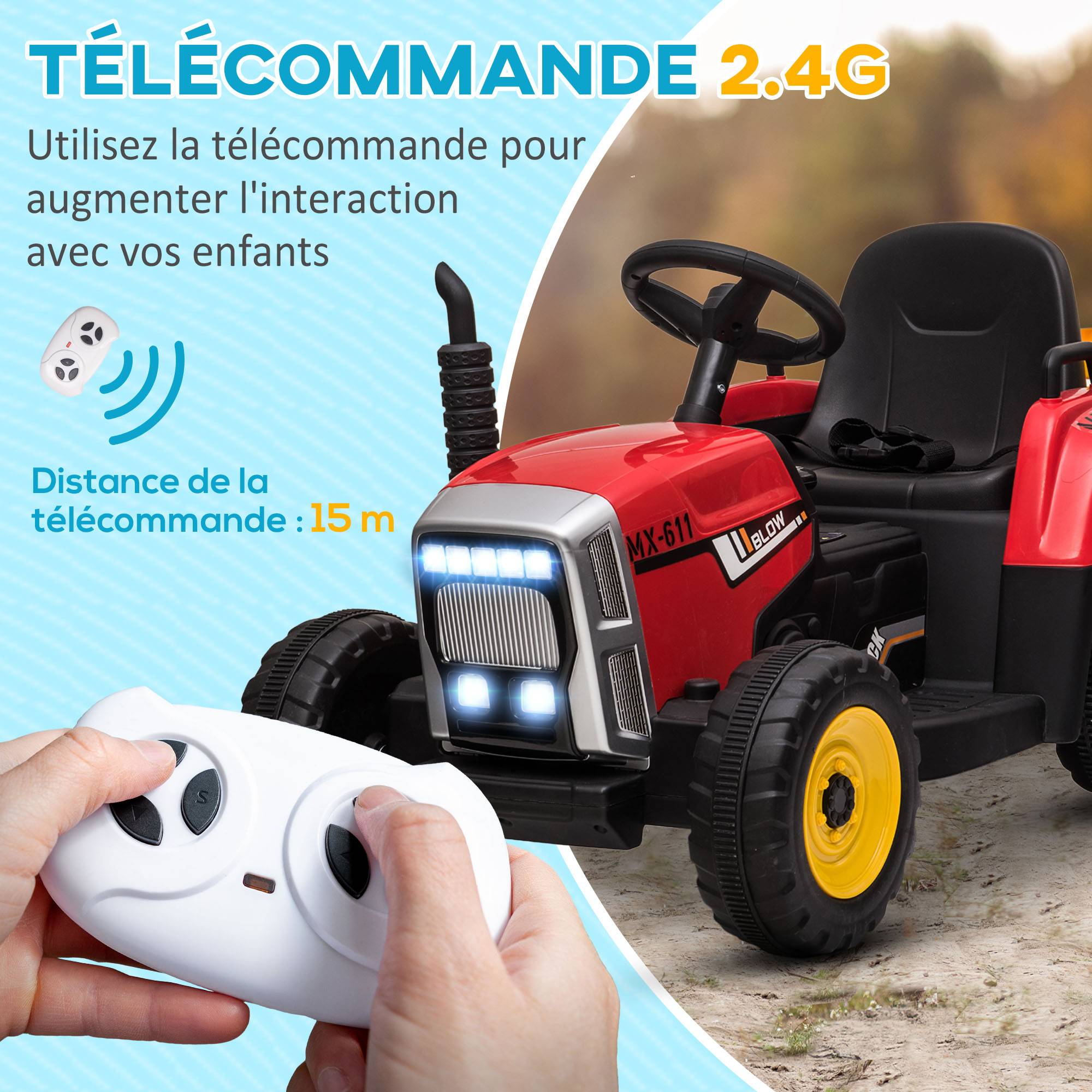 Tracteur électrique avec remorque amovible, pour enfants de 3 à 6 ans avec télécommande MP3 musique affichage lumières - Image 7