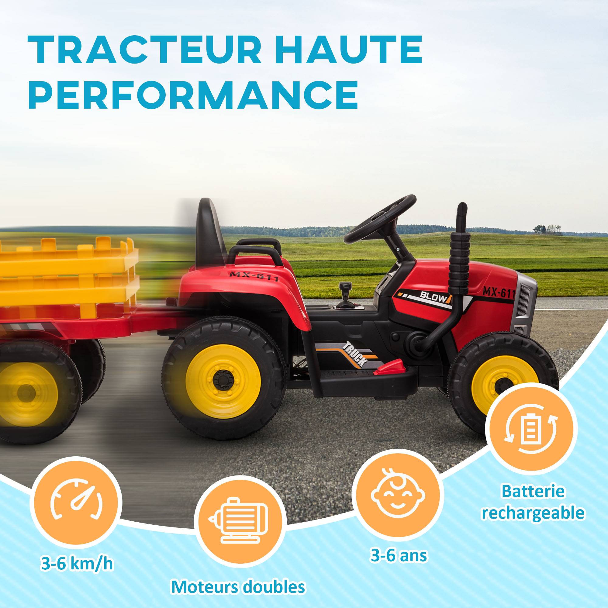 Tracteur électrique avec remorque amovible, pour enfants de 3 à 6 ans avec télécommande MP3 musique affichage lumières - Image 10