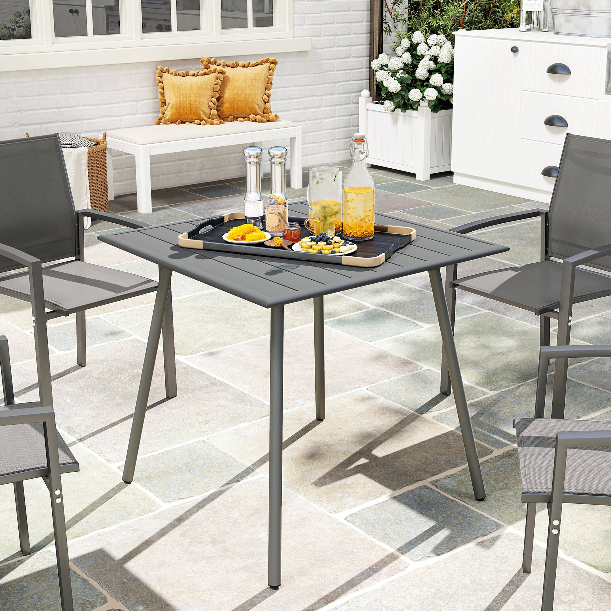 Table à manger de jardin pour 6 personnes avec plateau à lattes pour jardin, patio, terrasse, 80 x 80 x 74 cm, gris - Image 4
