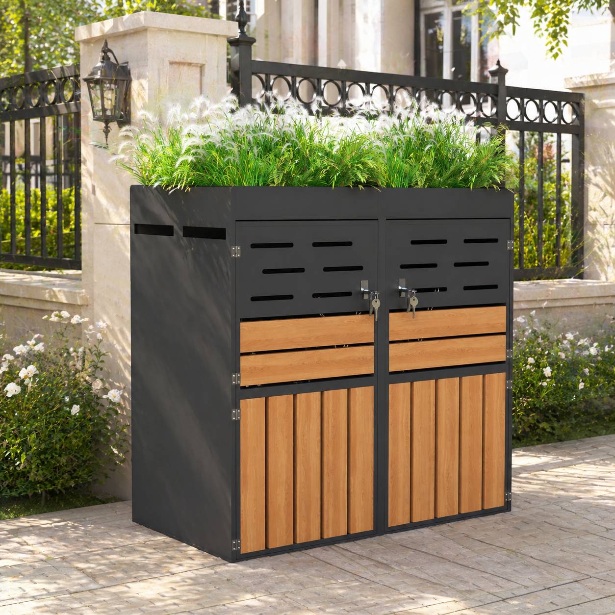 Cache-poubelle double acier galvanisé extérieur avec jardinière intégrée 133x80x128 cm gris - ComfortXL Outdoor Living - Image 1