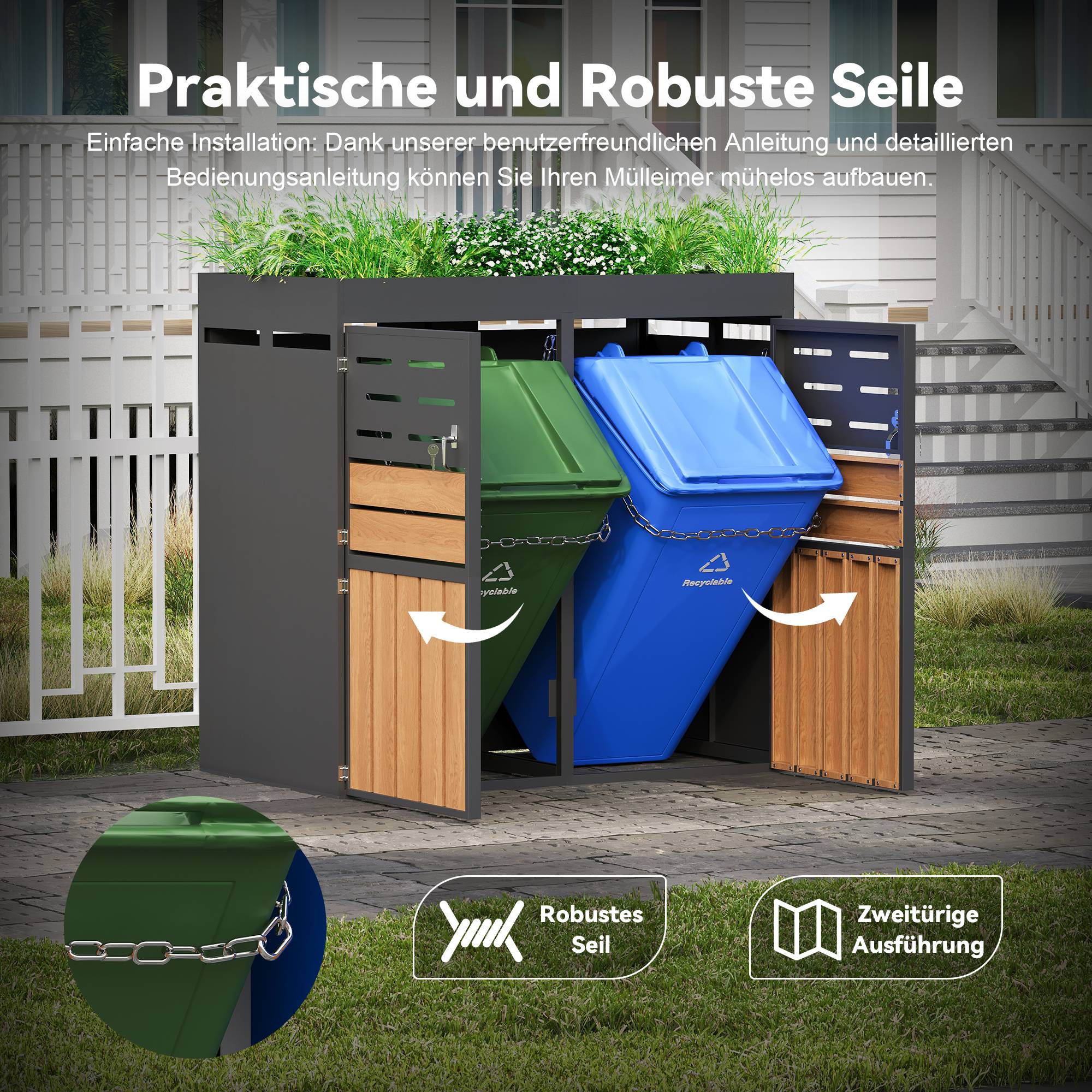 Cache-poubelle double acier galvanisé extérieur avec jardinière intégrée 133x80x128 cm gris - ComfortXL Outdoor Living - Image 5