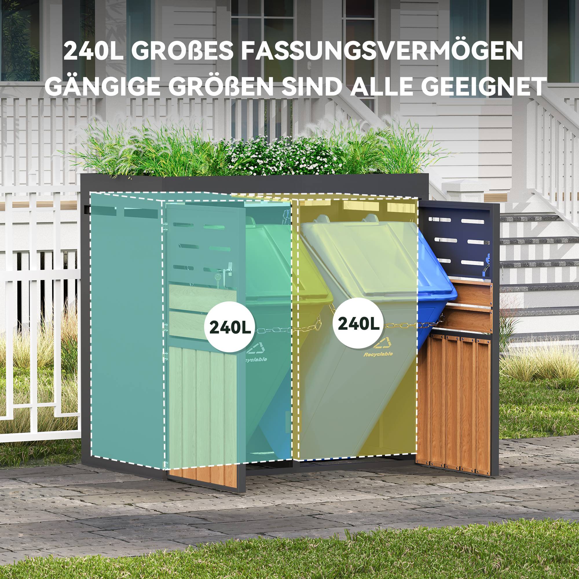 Cache-poubelle double acier galvanisé extérieur avec jardinière intégrée 133x80x128 cm gris - ComfortXL Outdoor Living - Image 8