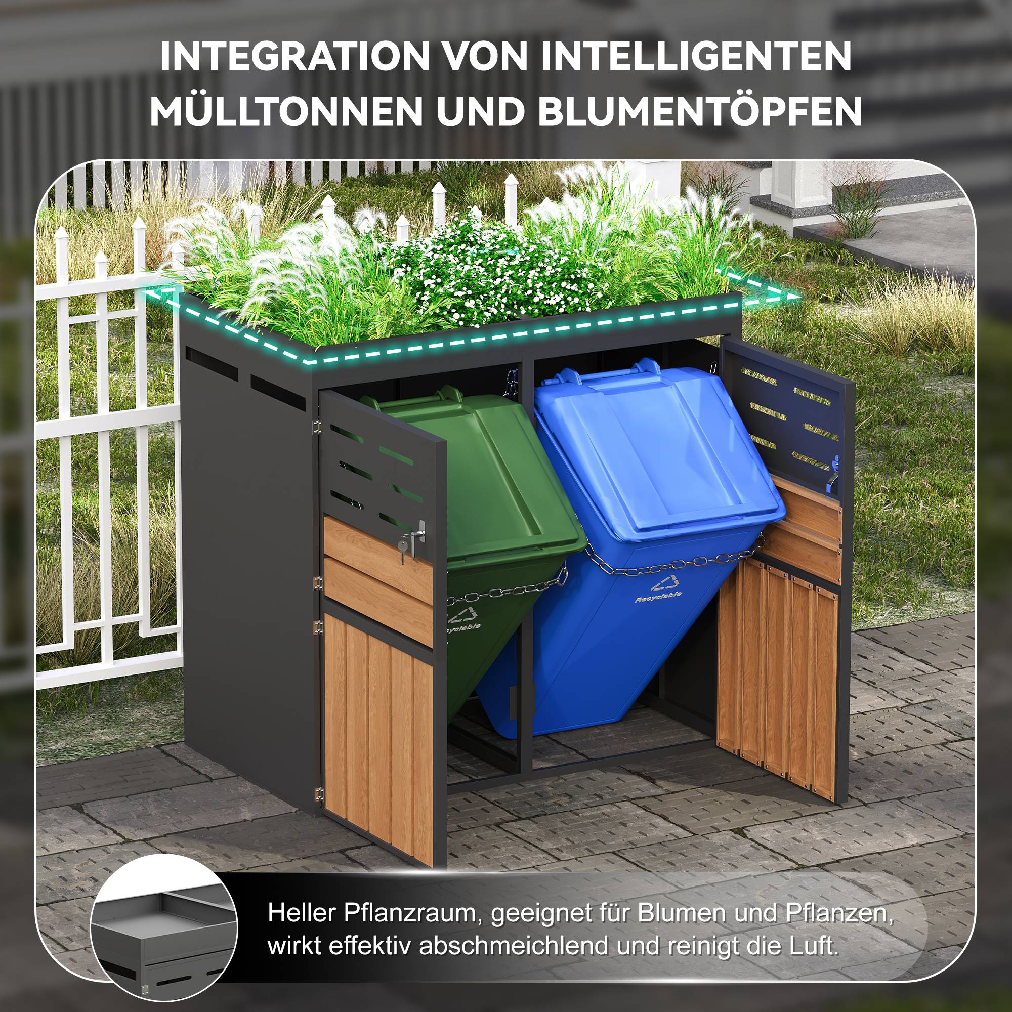 Cache-poubelle double acier galvanisé extérieur avec jardinière intégrée 133x80x128 cm gris - ComfortXL Outdoor Living - Image 7