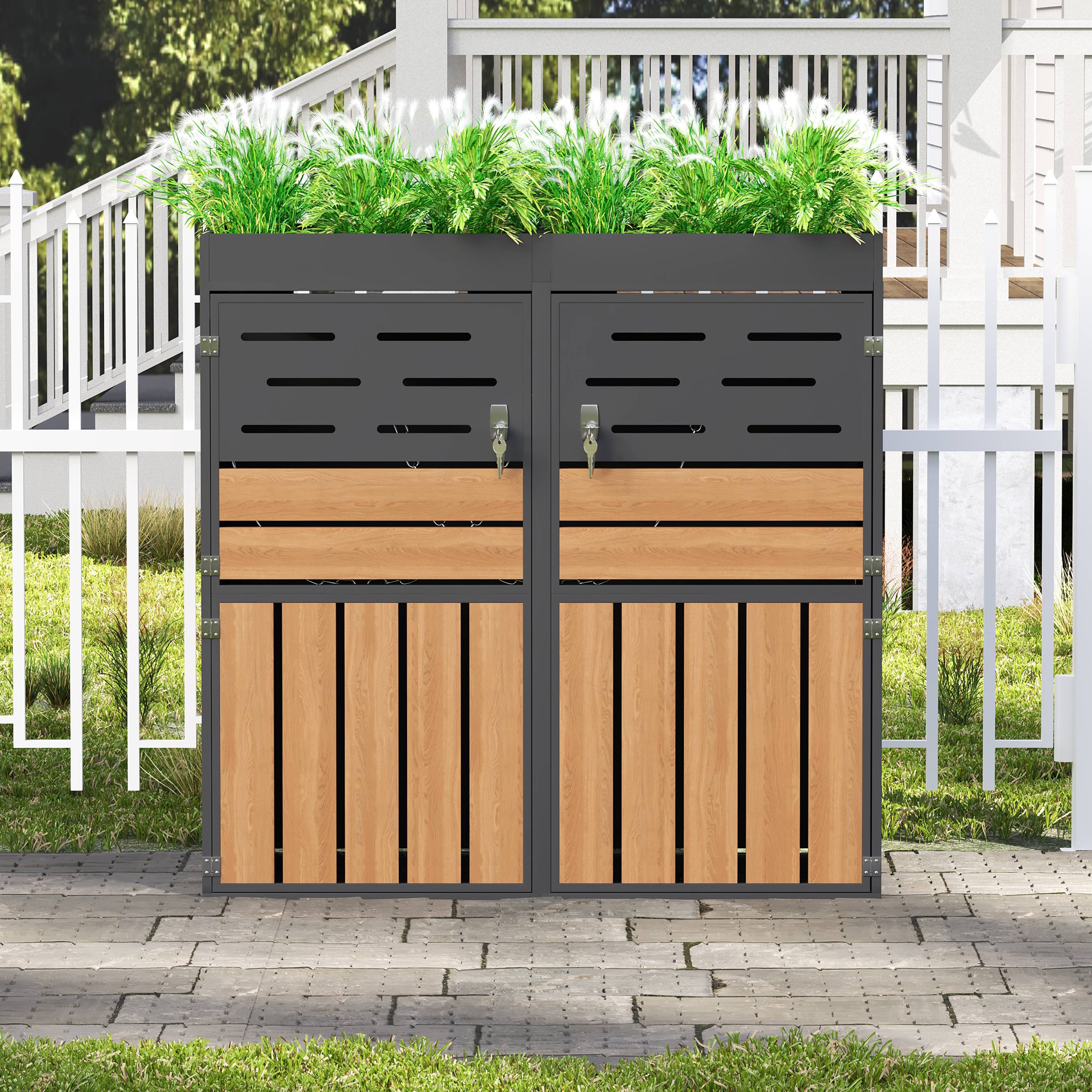 Cache-poubelle double acier galvanisé extérieur avec jardinière intégrée 133x80x128 cm gris - ComfortXL Outdoor Living - Image 9