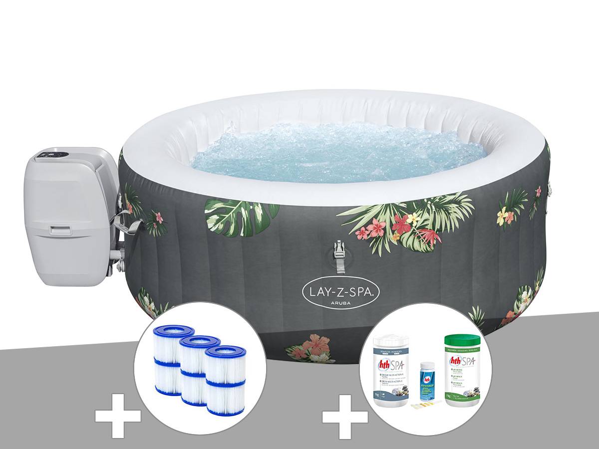 Bestway - Kit spa gonflable Bestway Lay-Z-Spa Aruba rond Airjet 2/3 places + 6 filtres + Kit traitement brome