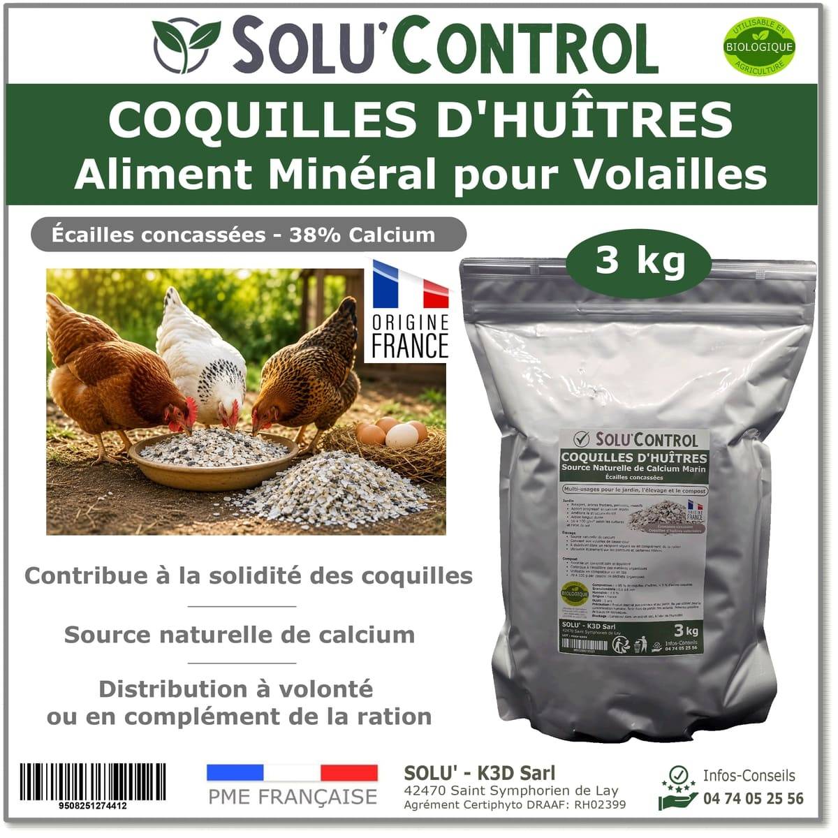 3 kg Écailles de Coquilles d'Huîtres pour Volailles (Poules, oies, ...) - SOLU'CONTROL - Aliment Minéral Naturel, 38% Calcium - Image 1