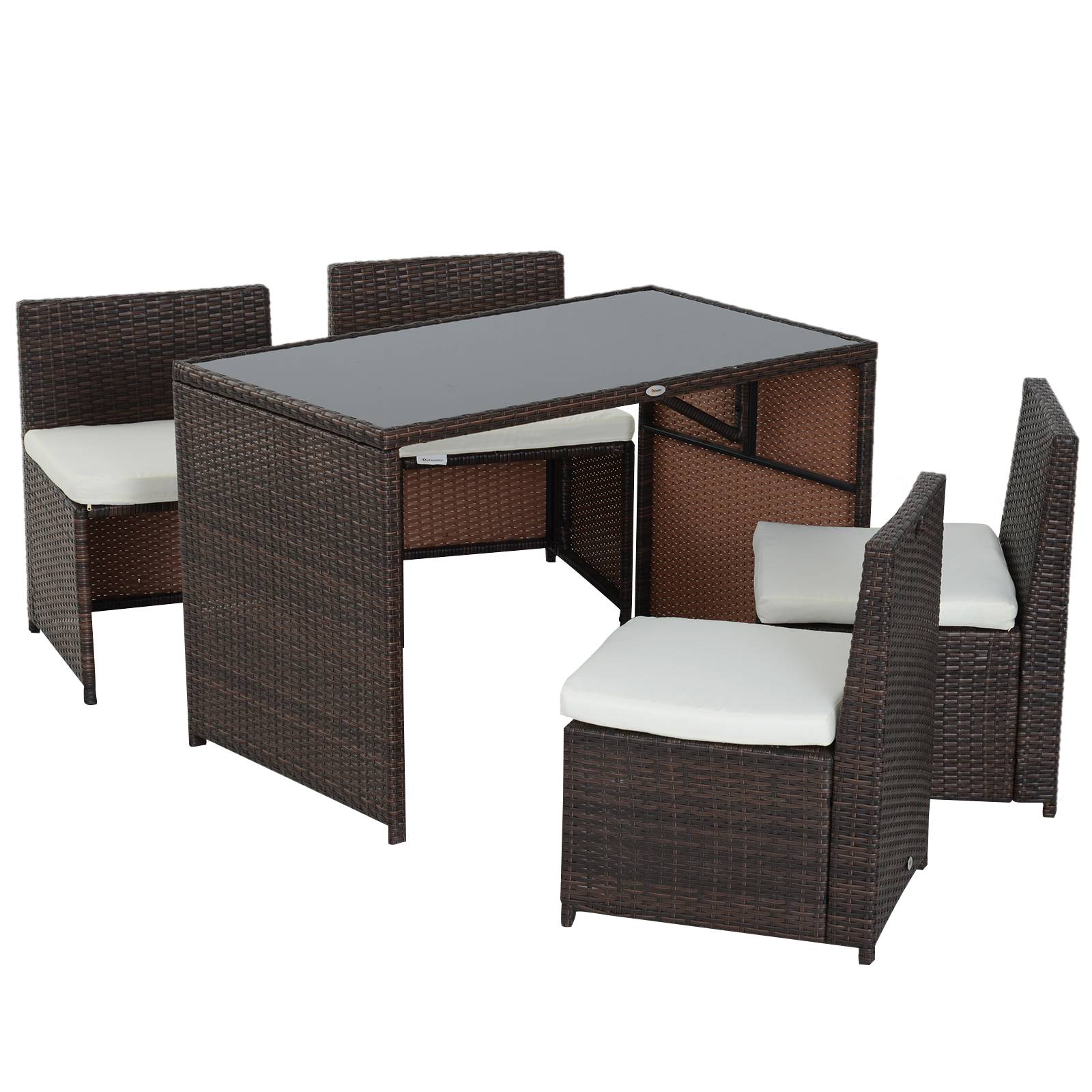 Outsunny - Ensemble salon de jardin encastrable 4 chaises monoblocs avec coussins déhoussables et table résine tressée chocolat - Outsunny
