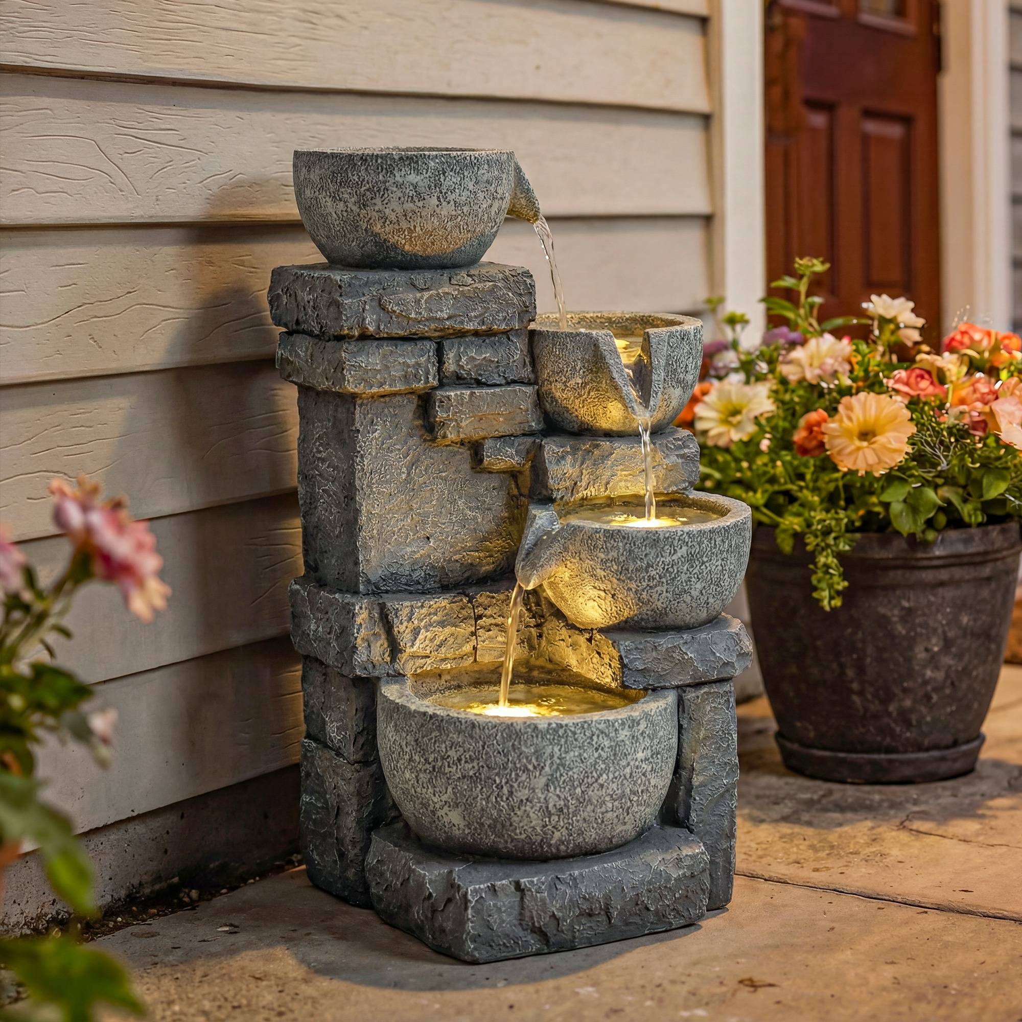 Fontaine de Jardin Cascade 4 Niveaux Décoration Effet Pierre et Brique avec Éclairage LED 28 x 25 x 54,5 cm Gris - Image 4