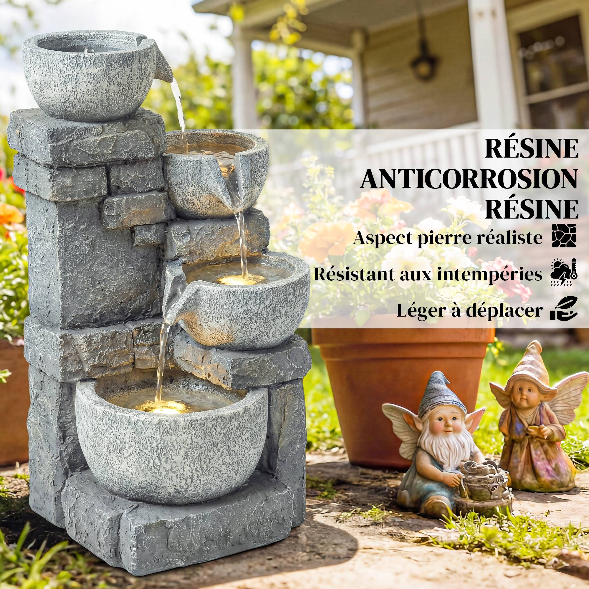 Fontaine de Jardin Cascade 4 Niveaux Décoration Effet Pierre et Brique avec Éclairage LED 28 x 25 x 54,5 cm Gris - Image 10
