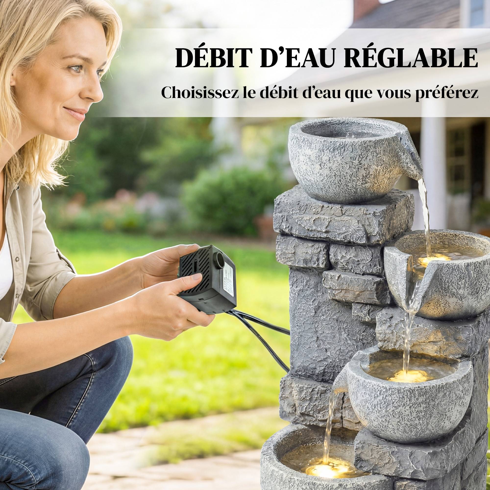 Fontaine de Jardin Cascade 4 Niveaux Décoration Effet Pierre et Brique avec Éclairage LED 28 x 25 x 54,5 cm Gris - Image 8