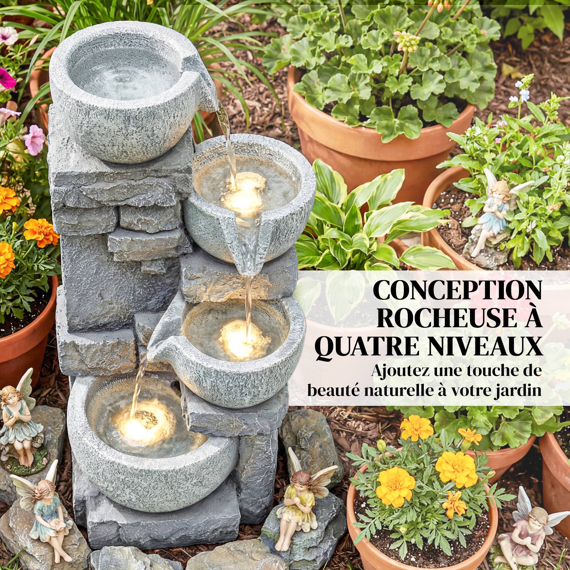 Fontaine de Jardin Cascade 4 Niveaux Décoration Effet Pierre et Brique avec Éclairage LED 28 x 25 x 54,5 cm Gris - Image 6