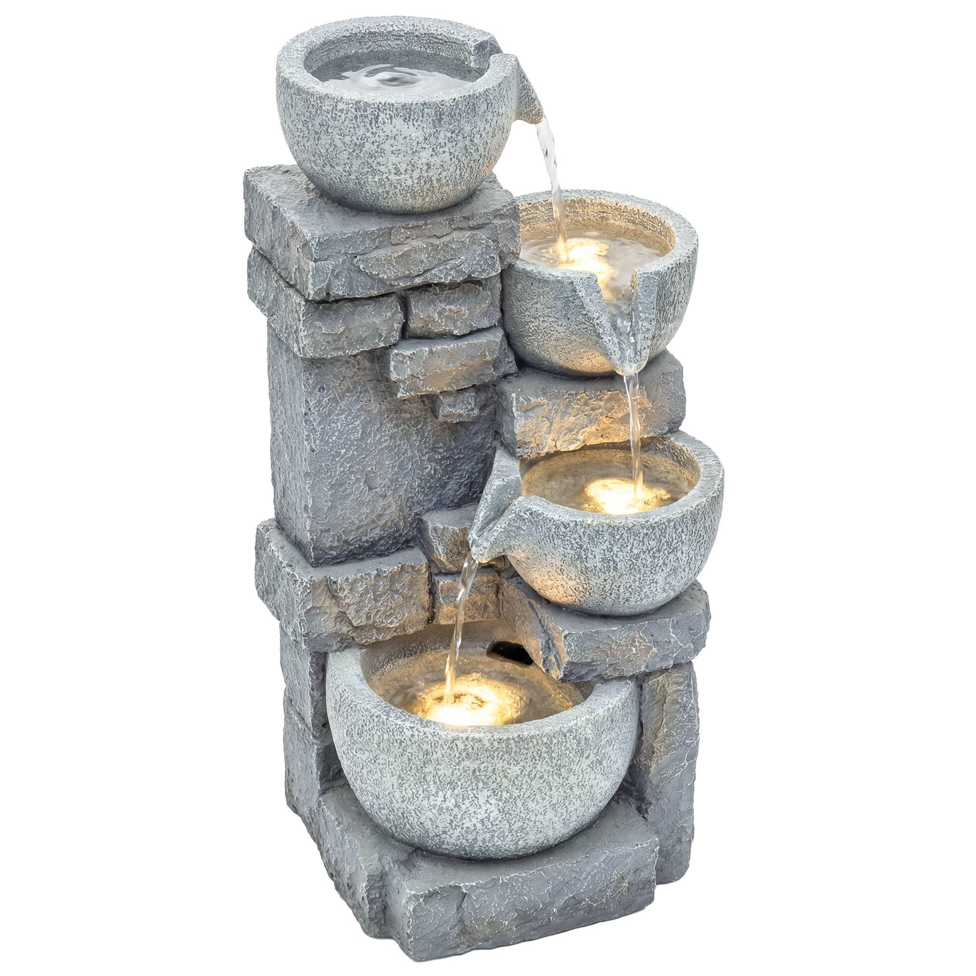 Fontaine de Jardin Cascade 4 Niveaux Décoration Effet Pierre et Brique avec Éclairage LED 28 x 25 x 54,5 cm Gris