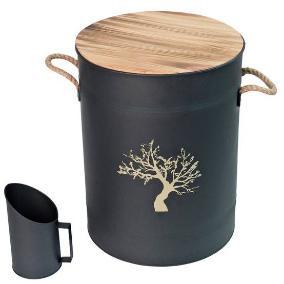 Réservoir à granulés acier noir 51 L - Ø 37 x H 48 cm - Avec tamis et pelle - FACILITYS - Image 1
