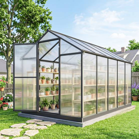Serre de Jardin Aluminium Polycarbonate 303 x 183 x 195 cm, Fenêtres Réglables et Porte Coulissante - Image 3