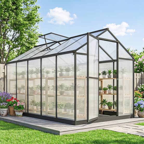 Serre de Jardin Aluminium Polycarbonate 303 x 183 x 195 cm, Fenêtres Réglables et Porte Coulissante - Image 4